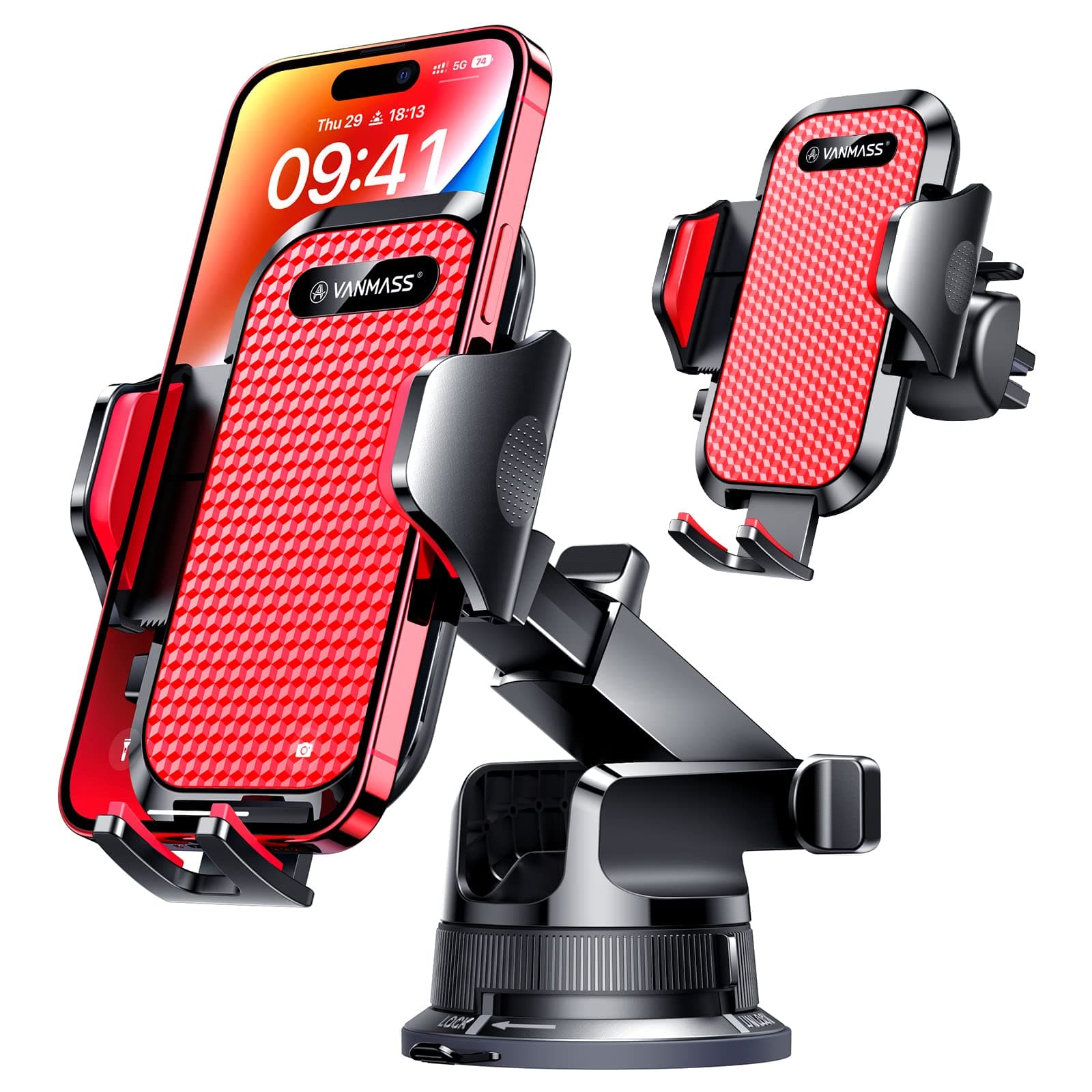 VANMASS [Pro Version] Universal Car Phone Mount [Super Suction Cup] Dashboard Phone Holder, Handsfree Windshield Dash Vent Phone Holder Car, Compatible for iPhone 17 16 15 14 Samsung LG & Truck,Red
