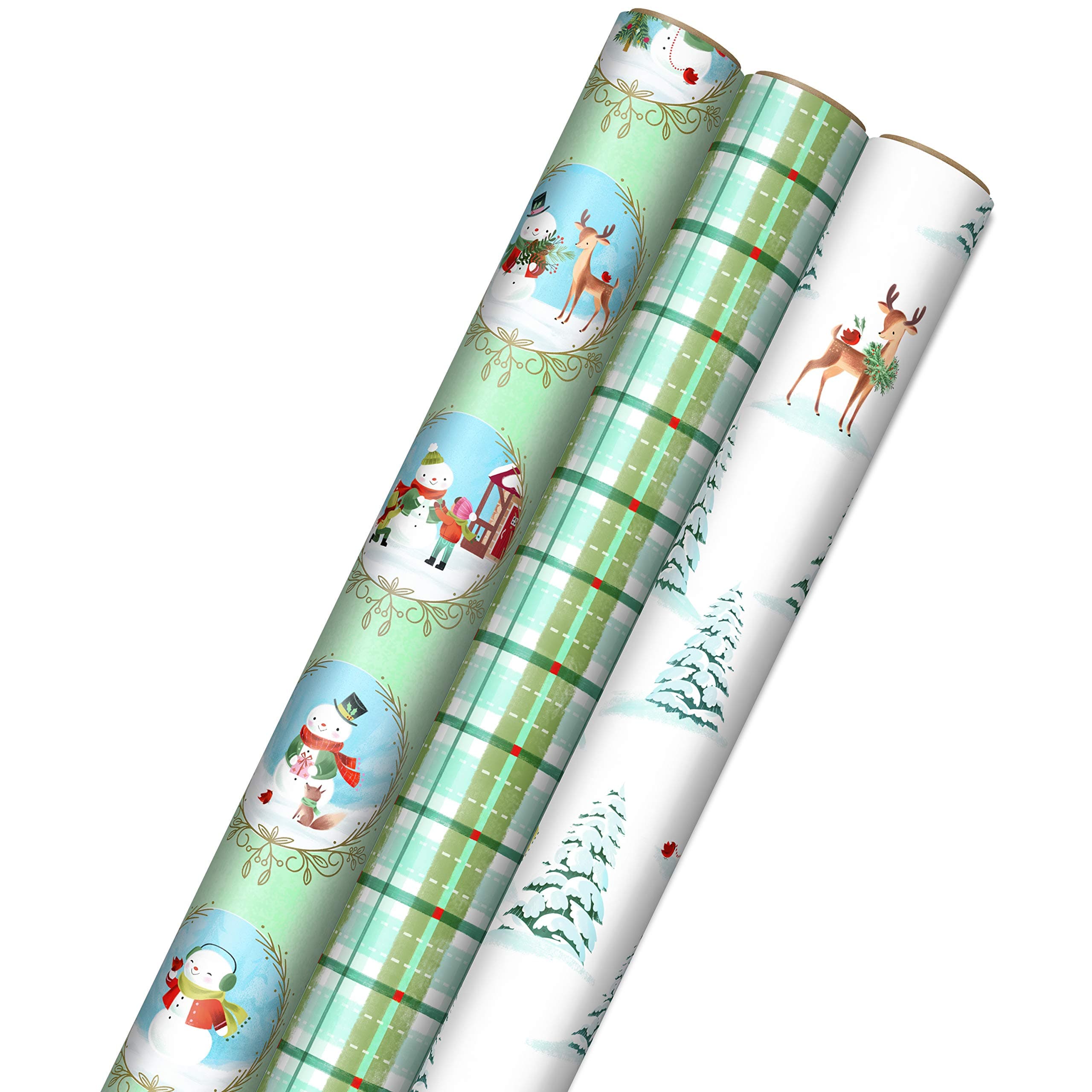 Christmas Wrapping Paper with Cut Lines on Reverse (3 Rolls: 120 sq. ft. ttl) Woodland Storybook Critters, Deer, Snowmen, Mint Green and Teal Blue Plaid