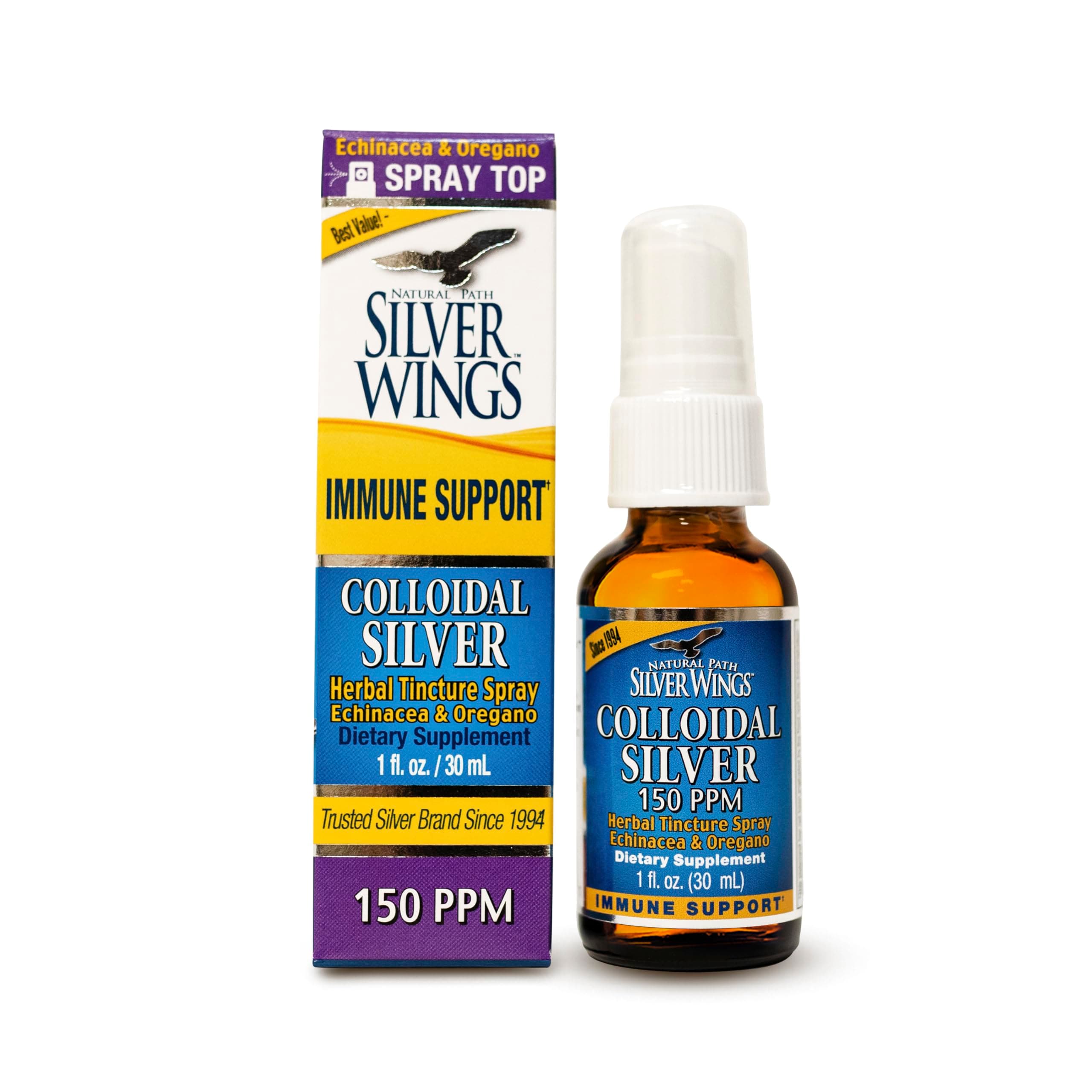 Natural Path Silver Wings Colloidal Silver 150ppm (750mcg) w/Echinacea & Oregano Immune Support Supplement - 1 fl. oz Spray