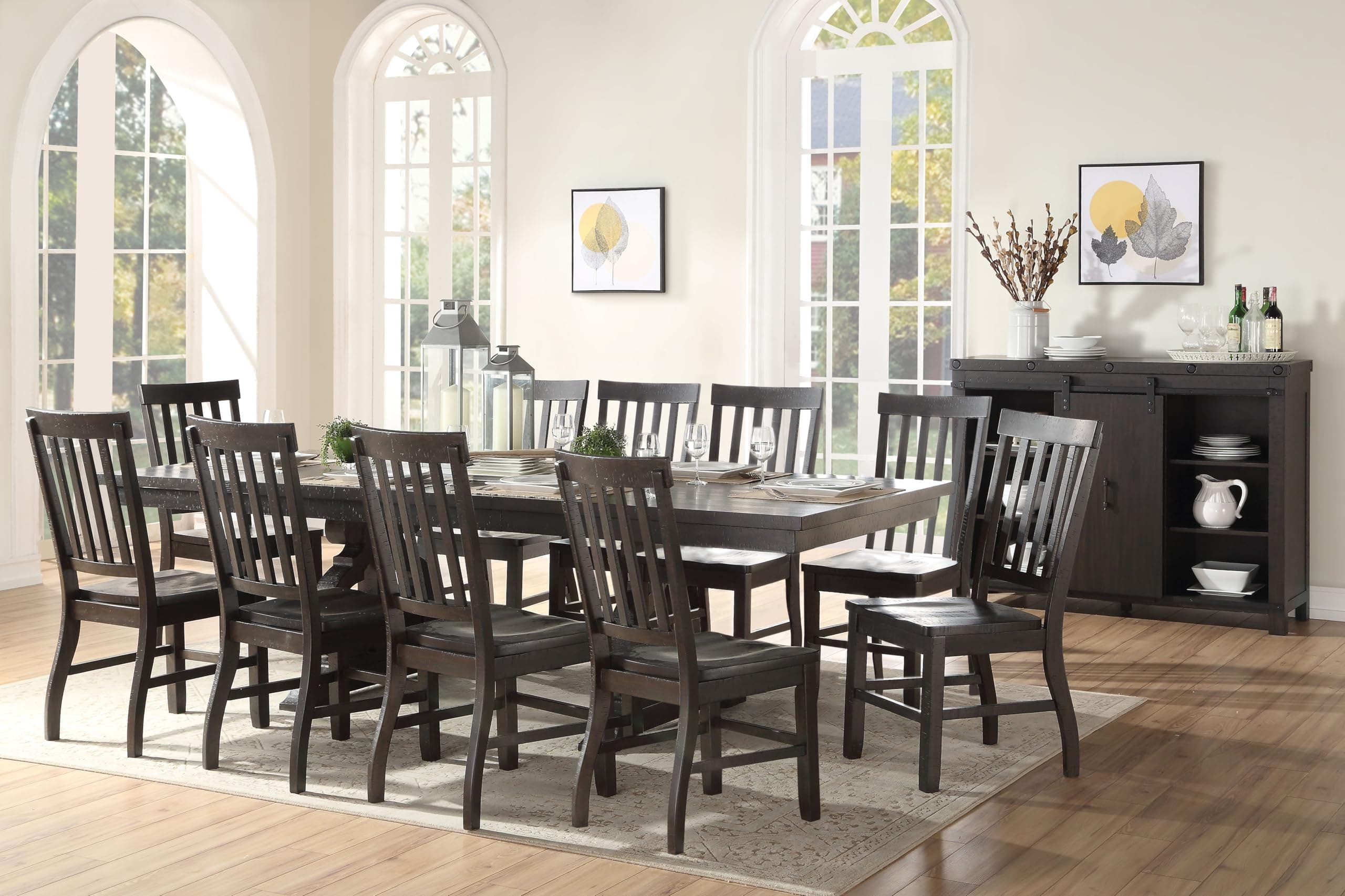 Kitchen Furniture Set 11Ps Casual Solid Wood Dining Table Set Include 1 Extendable Dining Table, 10 Side Chairs, Set for 10 Persons (11PS)