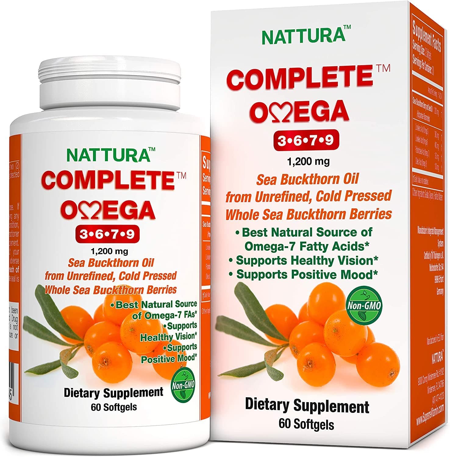 Complete Omega 3-6-7-9 Made in EU, Pure Sea Buckthorn Oil from Whole Sea Buckthorn Berries - Non-GMO, Kosher, cGMP (1,200mg) 60 Capsules