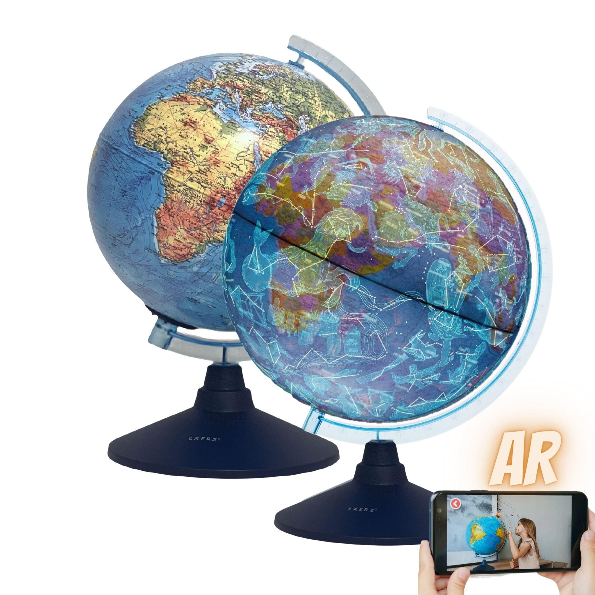Exerz 21 cm Light Globe - English Map, Physical Map (Day), Consellation (Night), Augmented Reality App iOS - Illuminated Globe