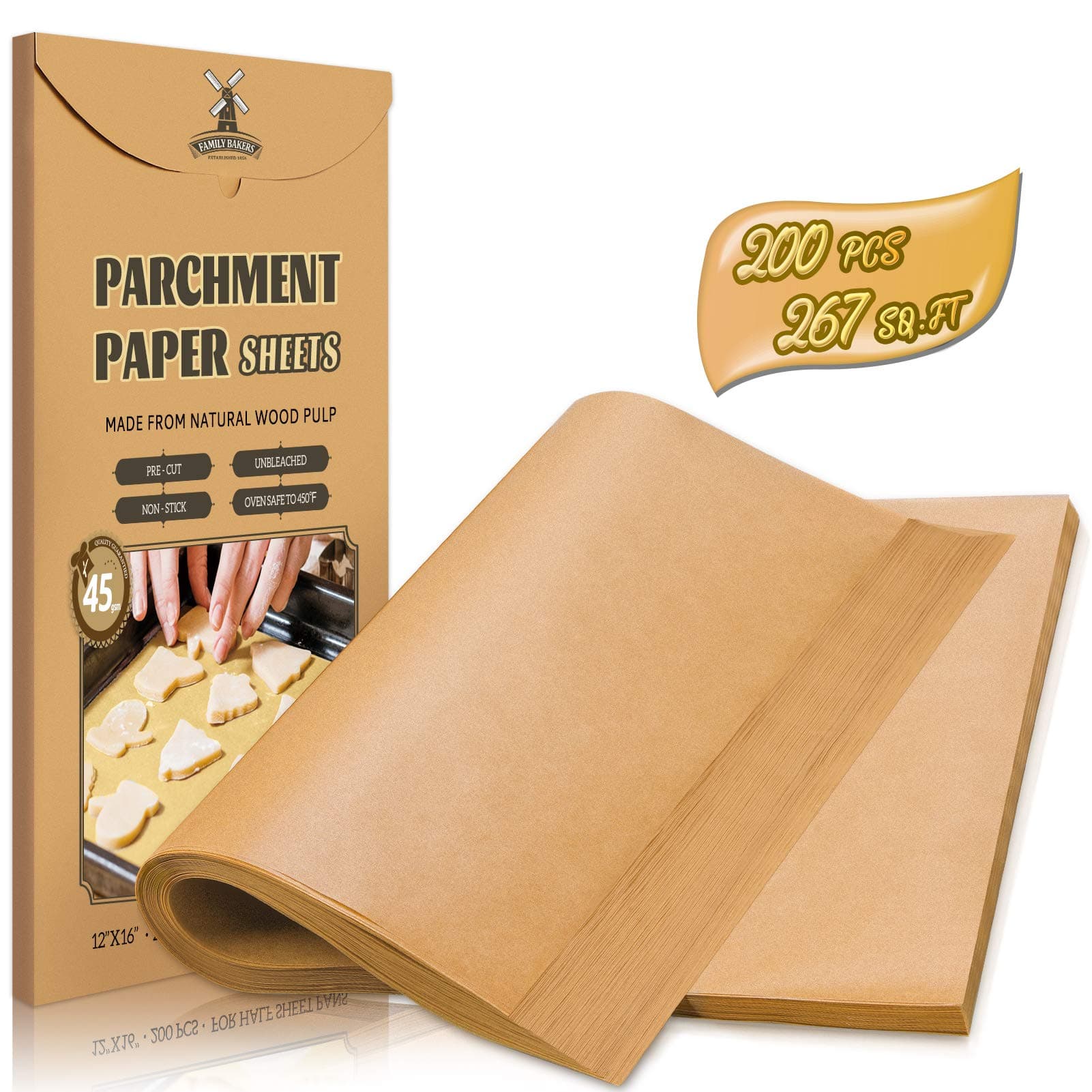 HIWARE 200 Pcs Unbleached Parchment Paper Baking Sheets, 12 x 16 Inch, Precut Non-Stick Parchment Sheets for Baking, Cooking, Grilling, Air Fryer and Steaming - Unbleached, Fit for Half Sheet Pans