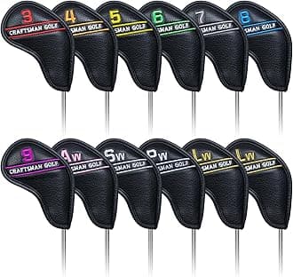 CRAFTSMAN GOLF 12pcs or 1pc Black Leather Golf Iron Head Covers Set Headcover Colorful Number Embroideried for Callaway Ping Taylormade Cobra Also Custom Version w/Your Name