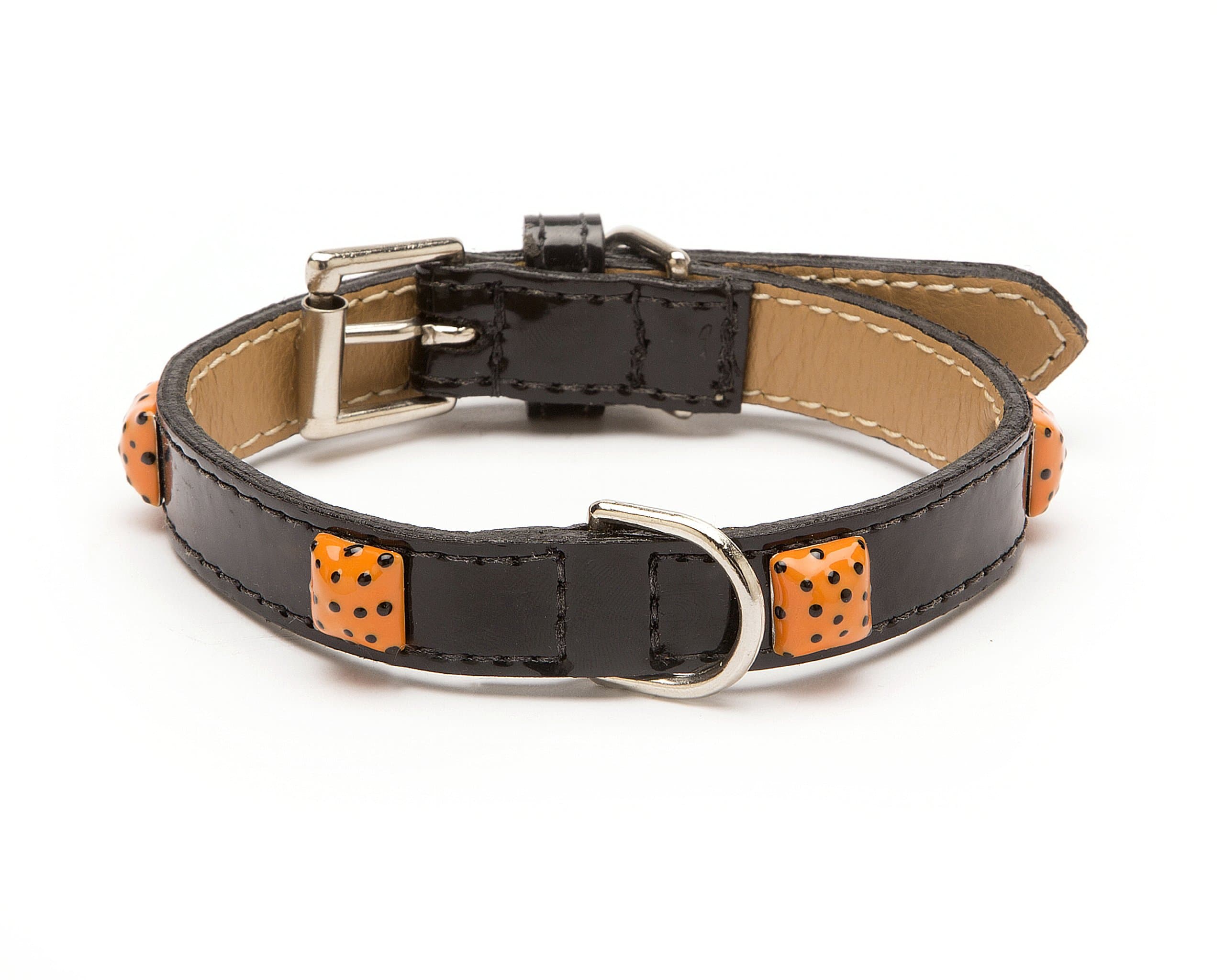 POOCHEE DESIGNS LV Pyramid Dot Straight Dog Collar, Extra Small Size 8, Black Patent with Orange Enamel Pyramids