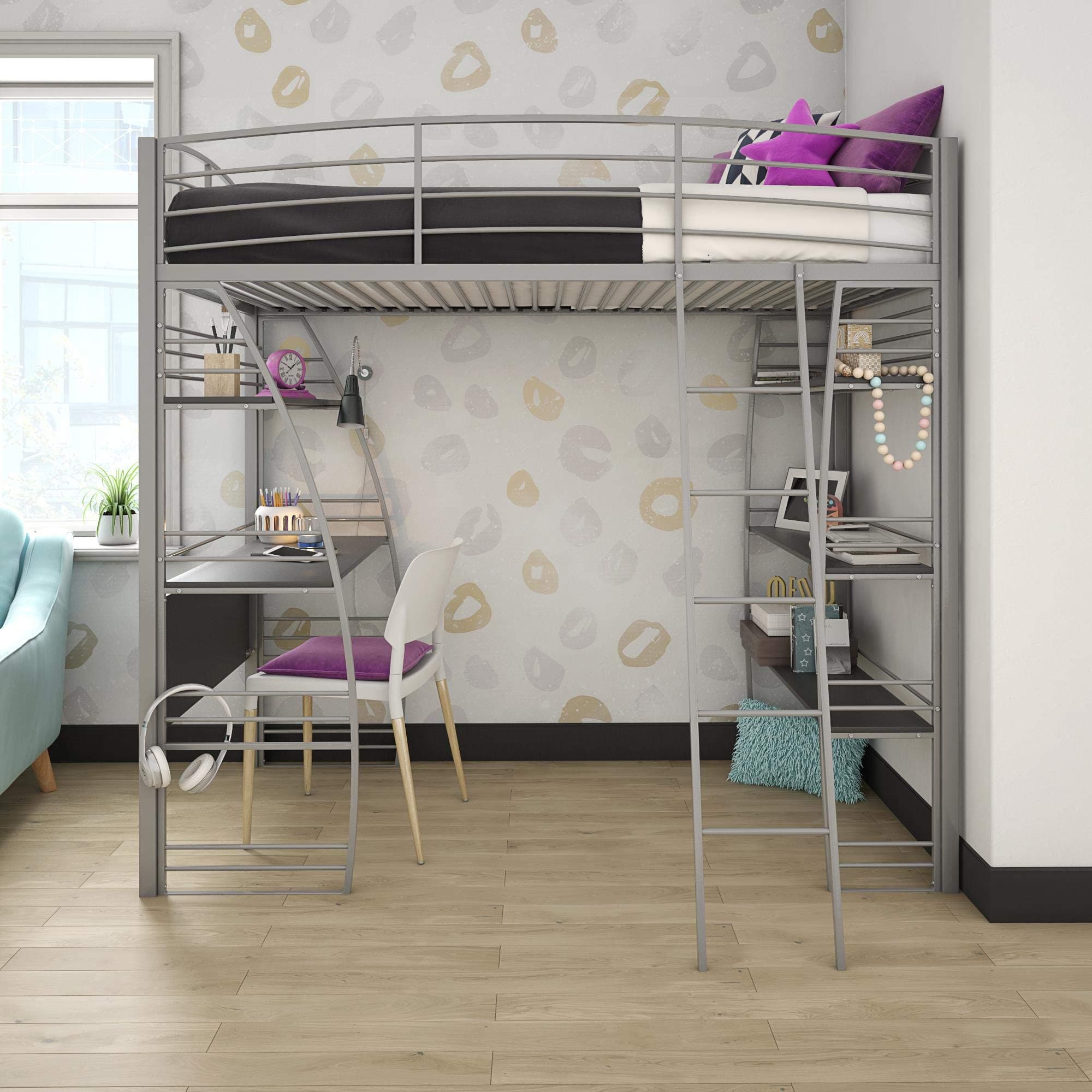 DHP Studio Loft Bunk Bed Over Desk and Bookcase with Metal Frame