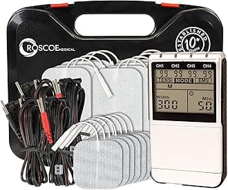Roscoe Medical TENS Unit and EMS Muscle Stimulator - 4-Channel OTC TENS Machine for Back Pain Relief, Lower Back Pain Relief, Neck Pain, Includes Case, Pain Relief, Muscle Recovery