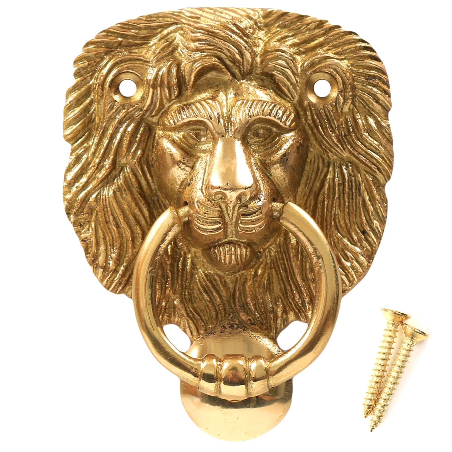 Polished Solid Brass Lion Head Door Knocker + Screws - Traditional Classic Victorian Style