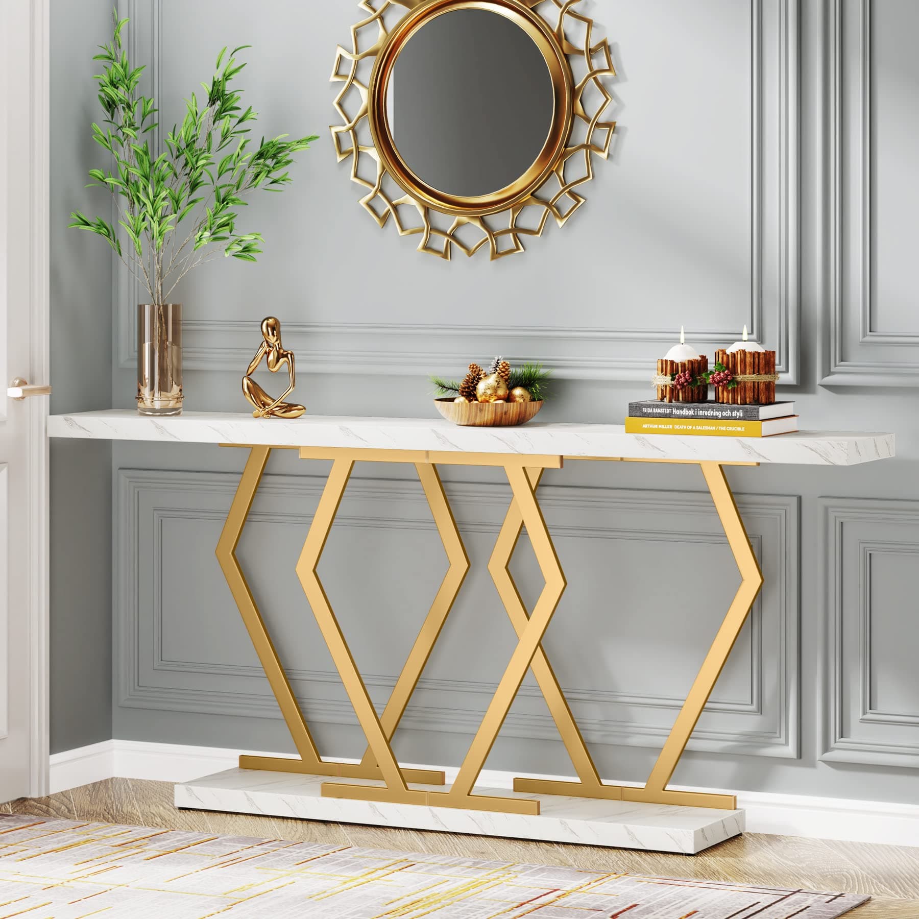 Tribesigns 70.9 Inch Extra Long Sofa Table， White and Gold Console Table with Faux Marble Tabletop, Modern Long Entryway Table with Gold Frame