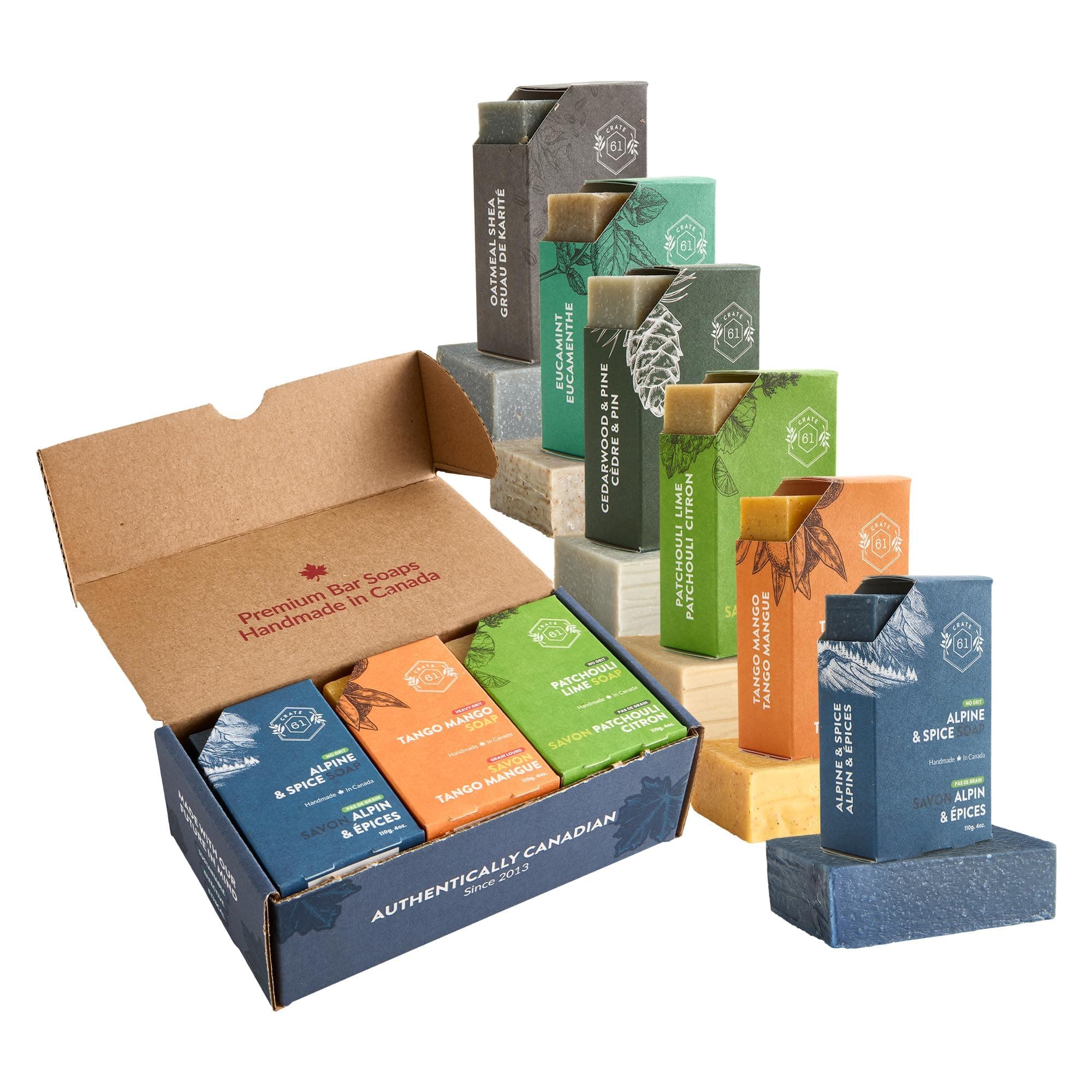 Crate 61 Organics 61, Handmade in Canada, Plant Based Cold Process Natural Bar Soap, With Premium Essential Oils, Dry Skin, Pack of 6 (For Him)