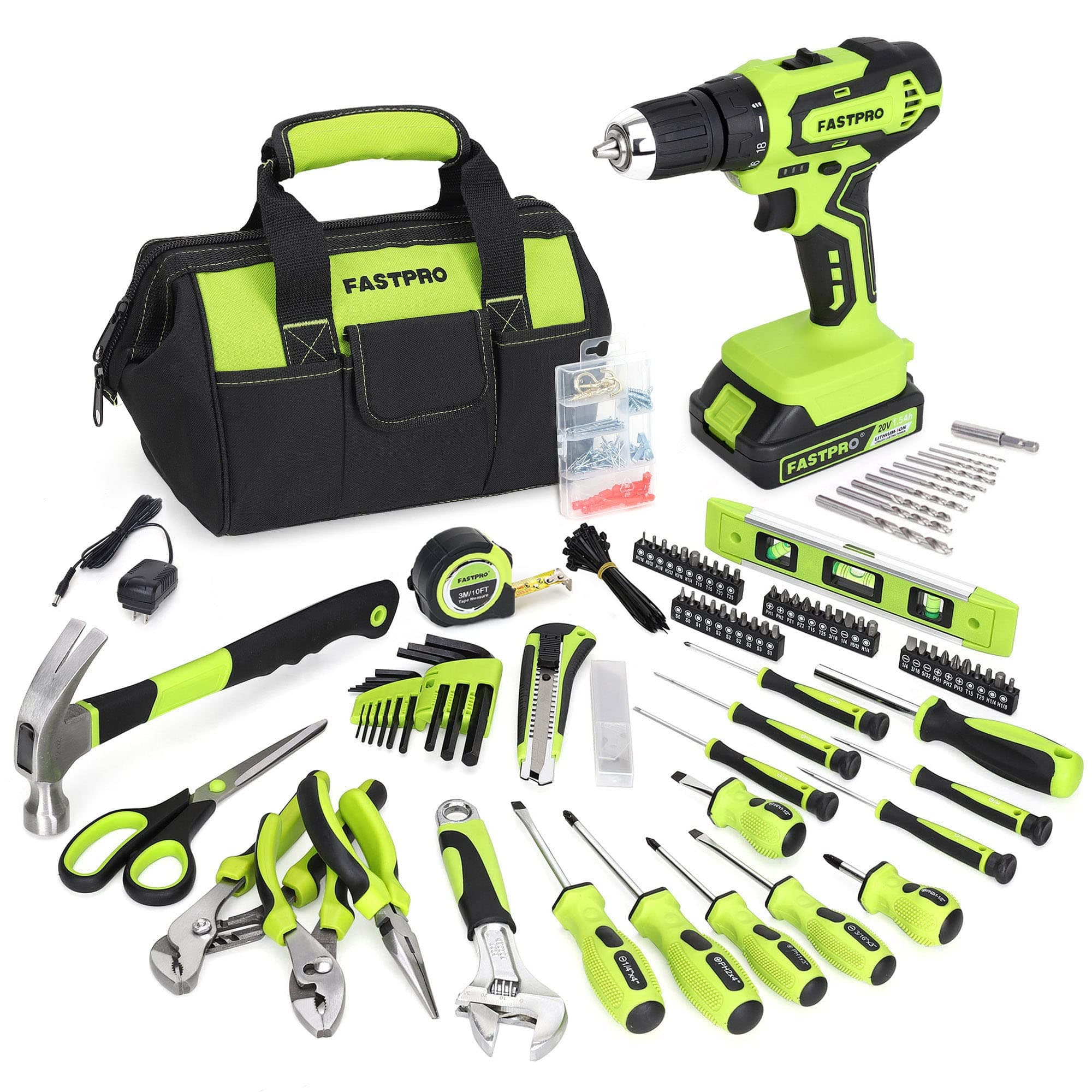 FASTPRO 232-Piece Home Tool Set with 20V Cordless Drill Driver, Household Repairing Tool Kit with Drill, 12-Inch Wide Mouth Storage Bag Included, Green