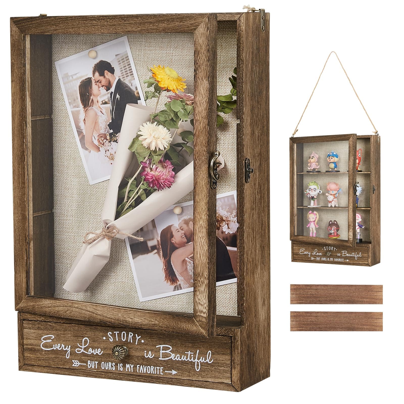 AW BRIDAL 11X16 Large Shadow Box Picture Frames Deep Shadow Boxes Display Cases with Removable Shelves and Drawers, Brown Wooden Memory Boxes for Keepsakes with Slot Christmas Decorations Gifts