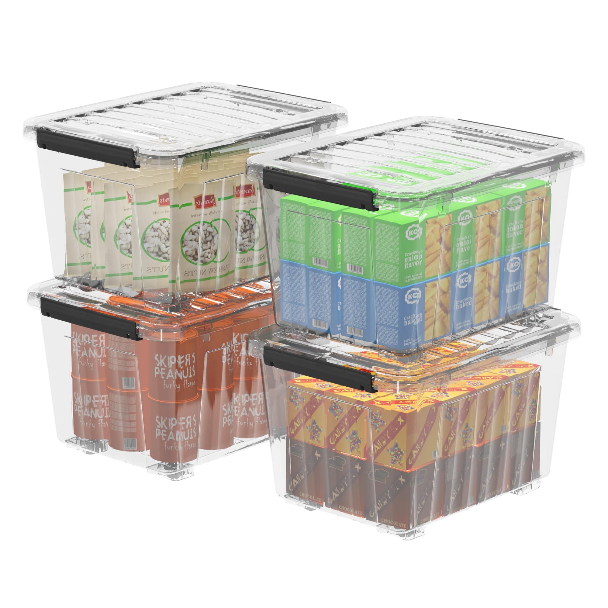 Cetomo 55L*4 Plastic Storage box, Tote box,Organizing Container with Durable Lid and Secure Latching Buckles, Stackable and Nestable, 4Pack, transptransparent with Black Buckle