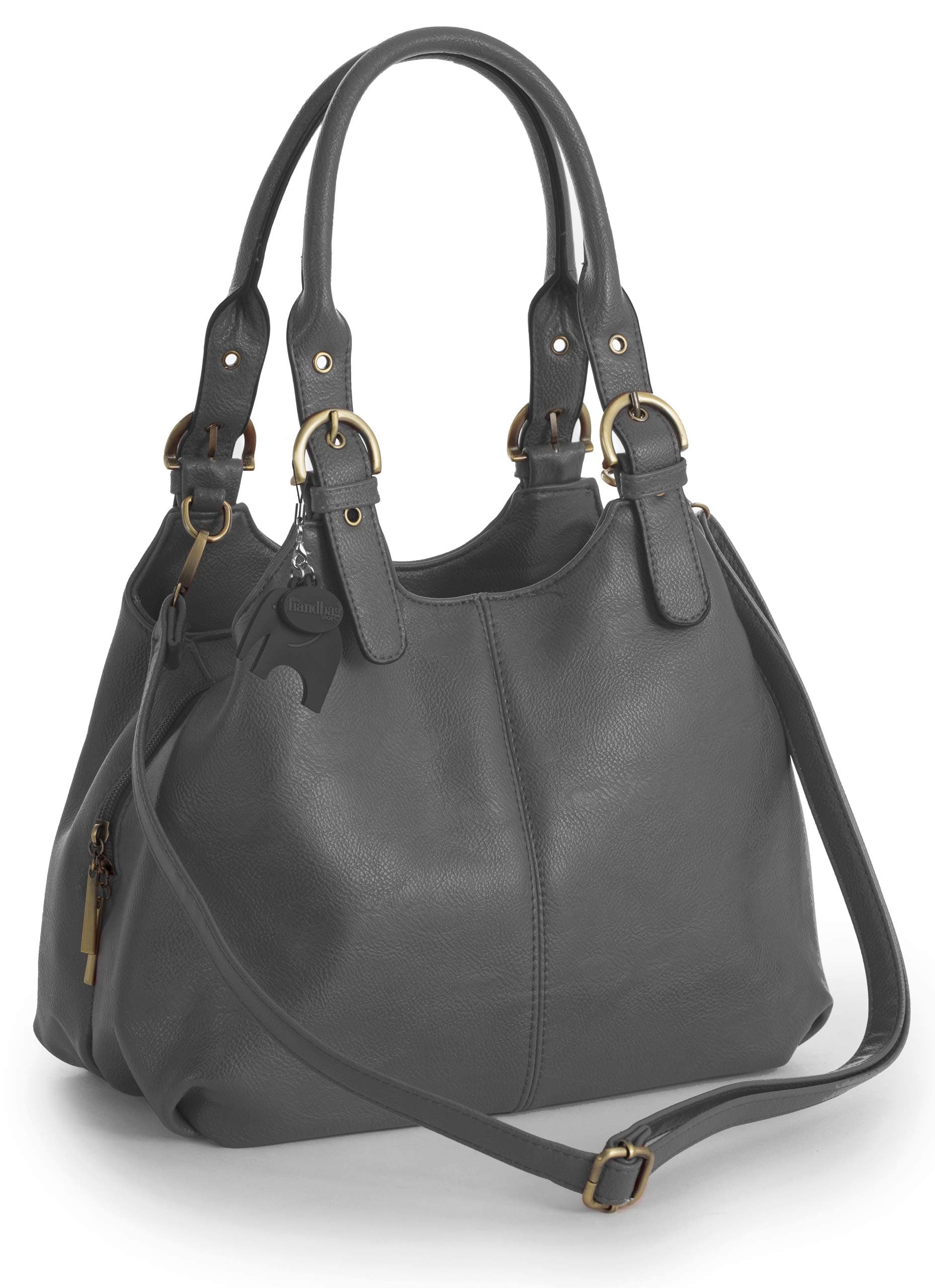 Big Handbag Shop Womens Multiple Pockets Medium Size Long Strap Shoulder Bag - with a Protective Storage Bag (Deep Grey - Black Piping)