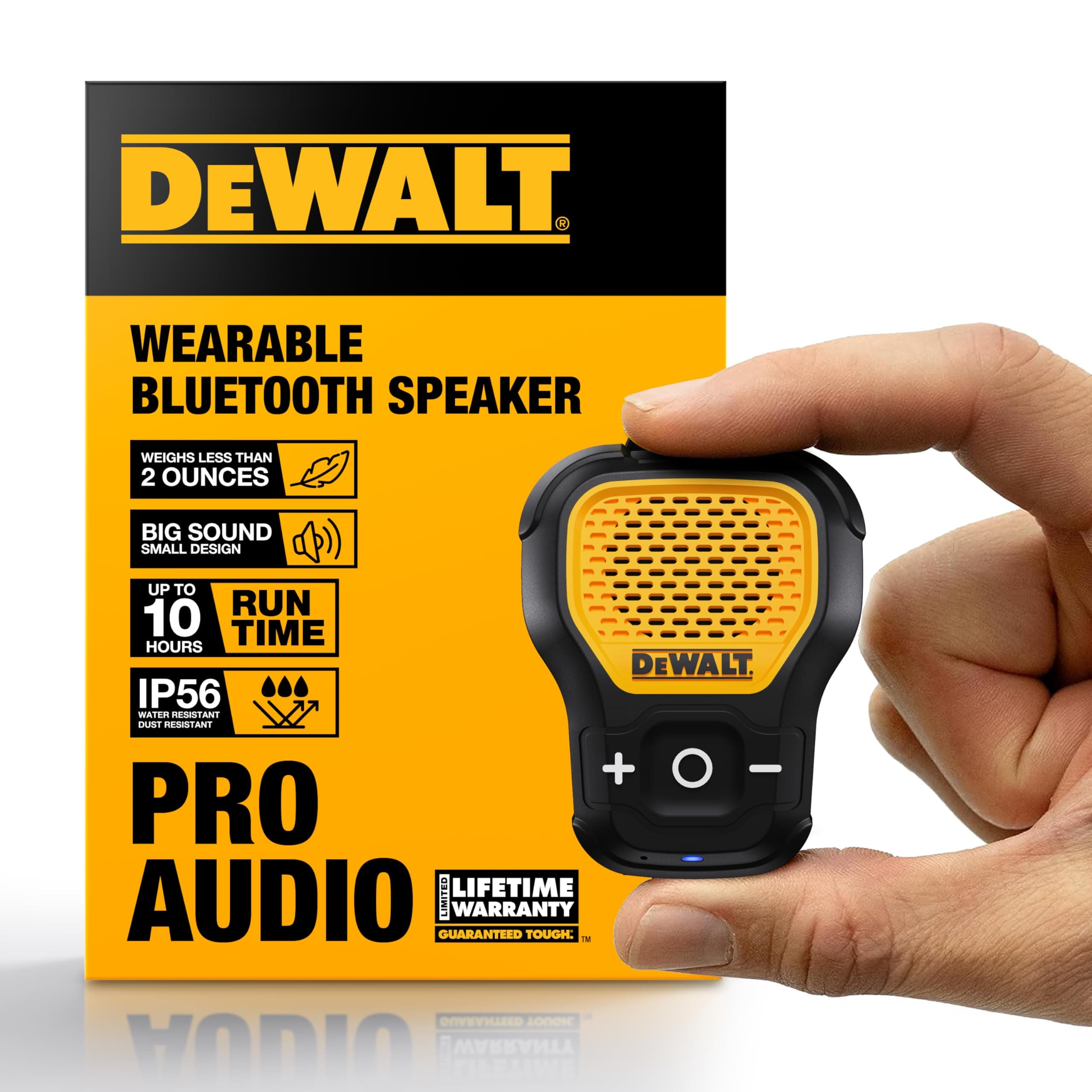 DEWALT Wearable Bluetooth Speaker (Updated Version), Clip-On Wireless Jobsite Pro Water-Resistant Portable Speaker, Built-in Mic for Hands-Free Music/Calls, Non Magnetic Bluetooth Speaker, Carry Pouch