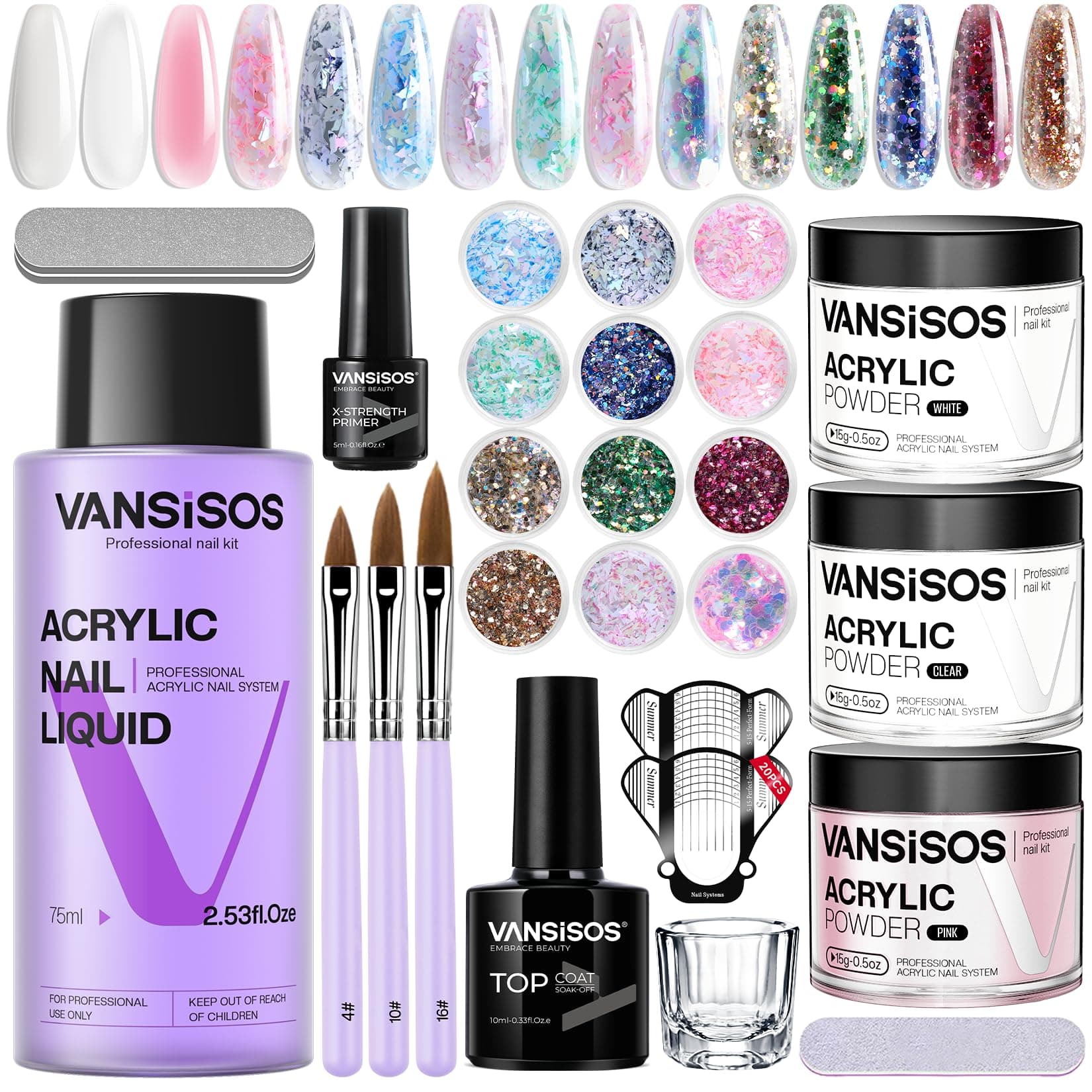 Acrylic Nail Kit for Beginners:Nails Kit Acrylic Set with 3PC Acrylic Powder 75ml Acrylic Liquid Set with Glitter Powder Top Coat Nail Tools Perfect Acrylic Nail Kit for DIY Nail Art at Home