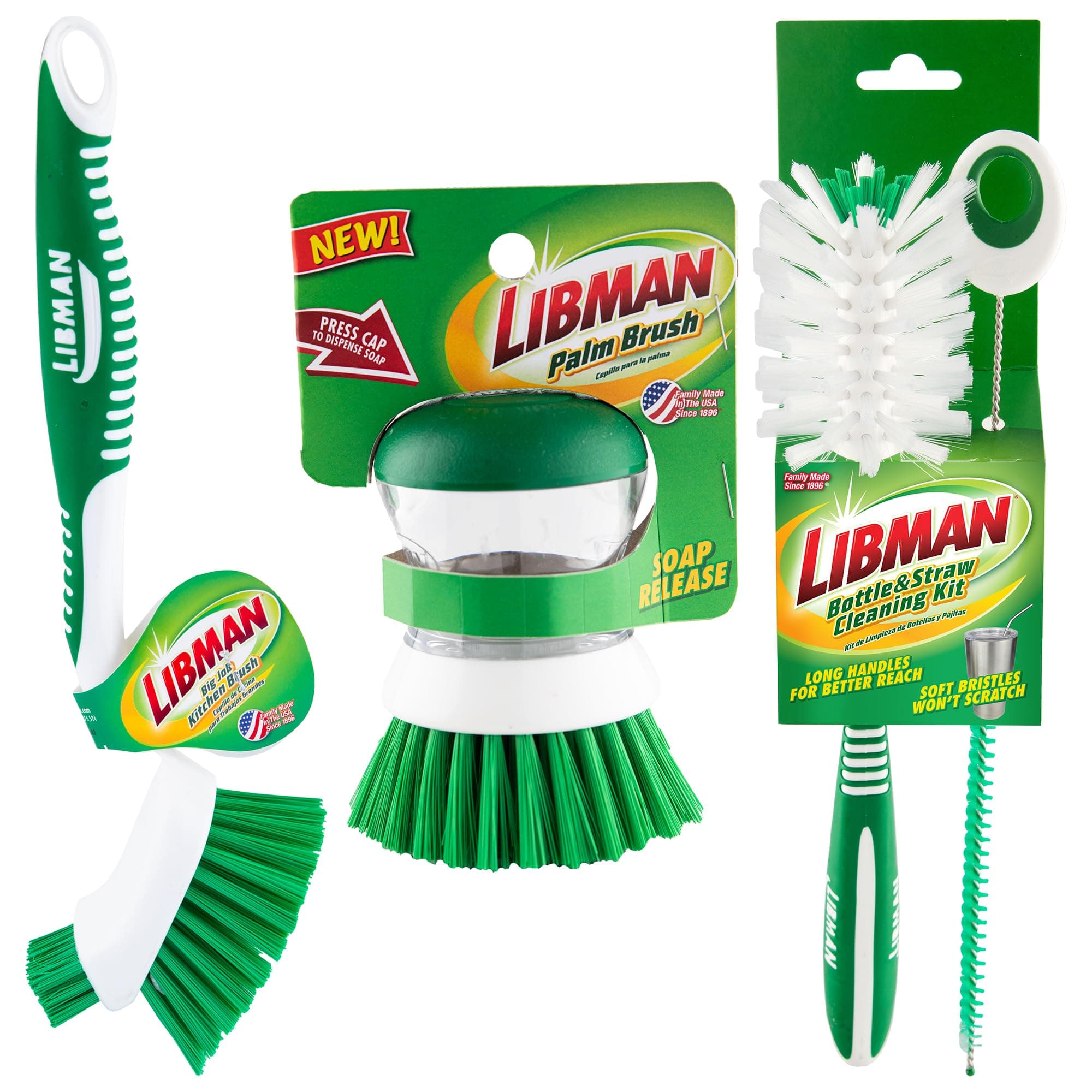 Libman Bottle & Dish Brush Kit | Cleaning Brushes for Kitchen Use | Straw Brush | Scrub Brushes for Dishes | Big Job Kitchen Brush | Palm Scrub Brush | 3 Different Brushes & Straw Cleaner Included