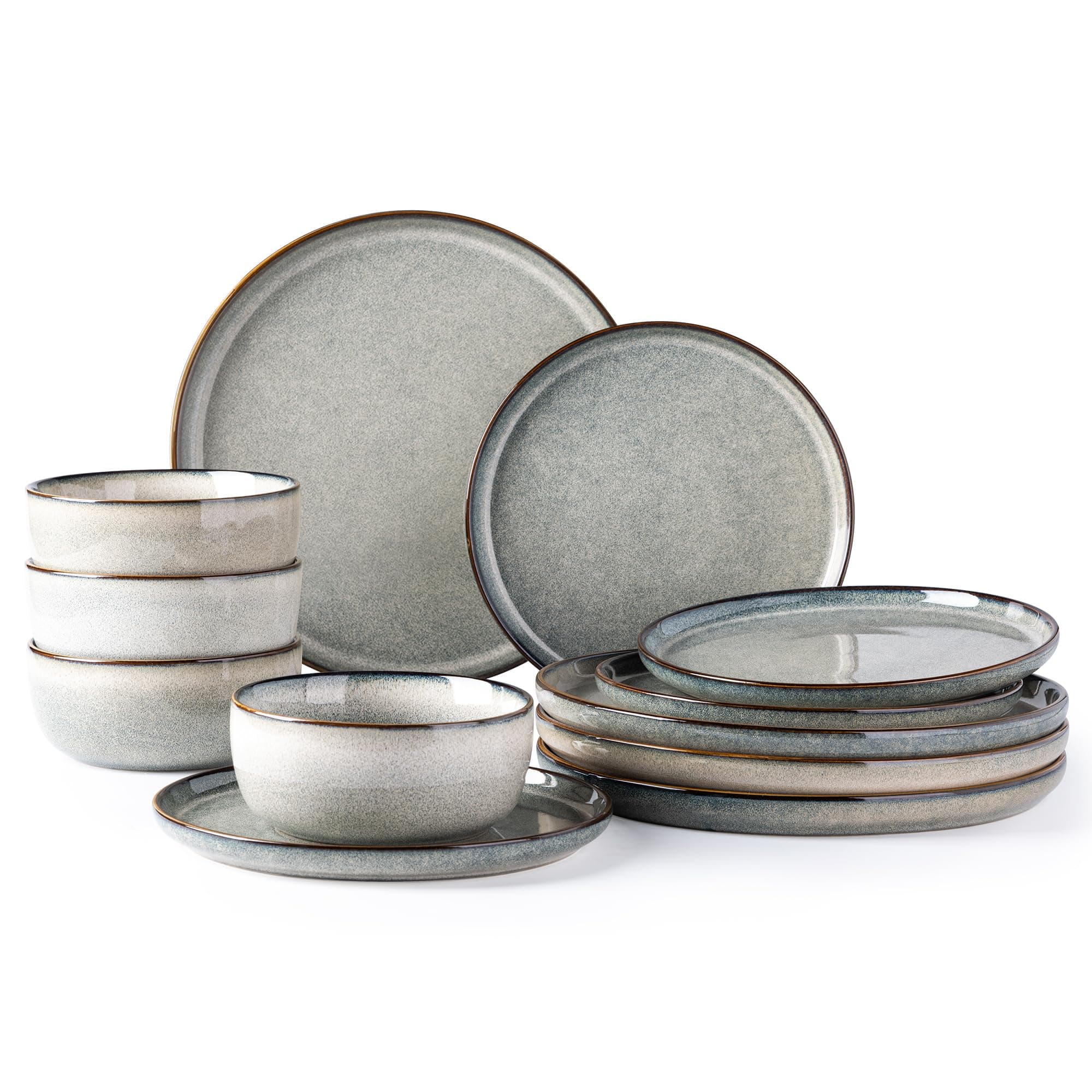 GBHOME Ceramic Dinnerware Sets for 4, 12 Pieces Stoneware Plates and Bowls Sets, Reactive Glaze Dishes -Scratch Resistant, Dishwasher&Microwave Safe, Green Wheat