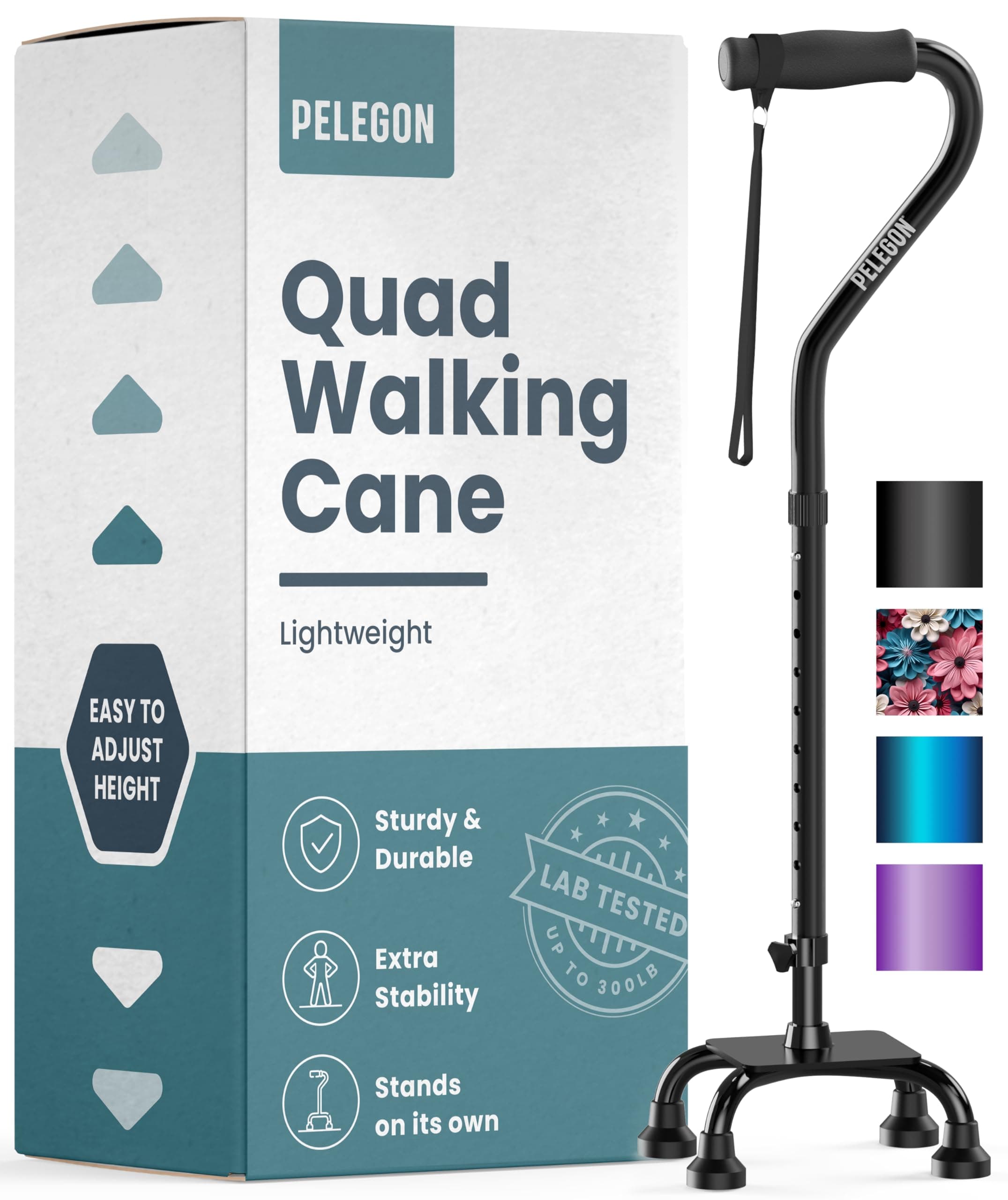 PELEGON Quad Cane (300 lb) - Adjustable Walking Cane with A Large 4 Pronged Base for Extra Balance & Stability, Walking Canes for Seniors, Walking Cane for Men & Women, Walking Sticks