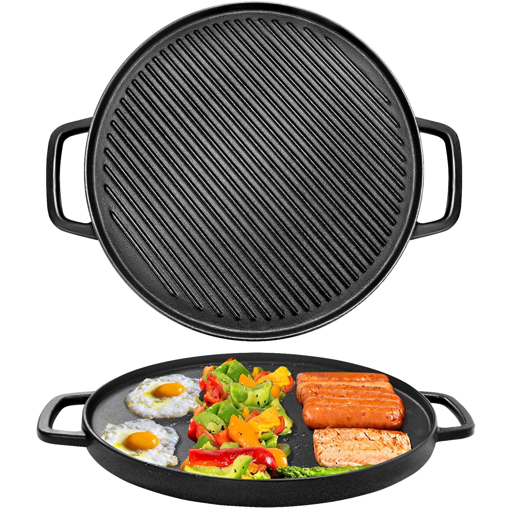 GGC Reversible Cast Iron Griddle, Double-sided Griddle Pan for Stove Tops, Gas Grills and Outdoor Cooking, 14 inch Grill Griddle with Baking Flat and Ribbed
