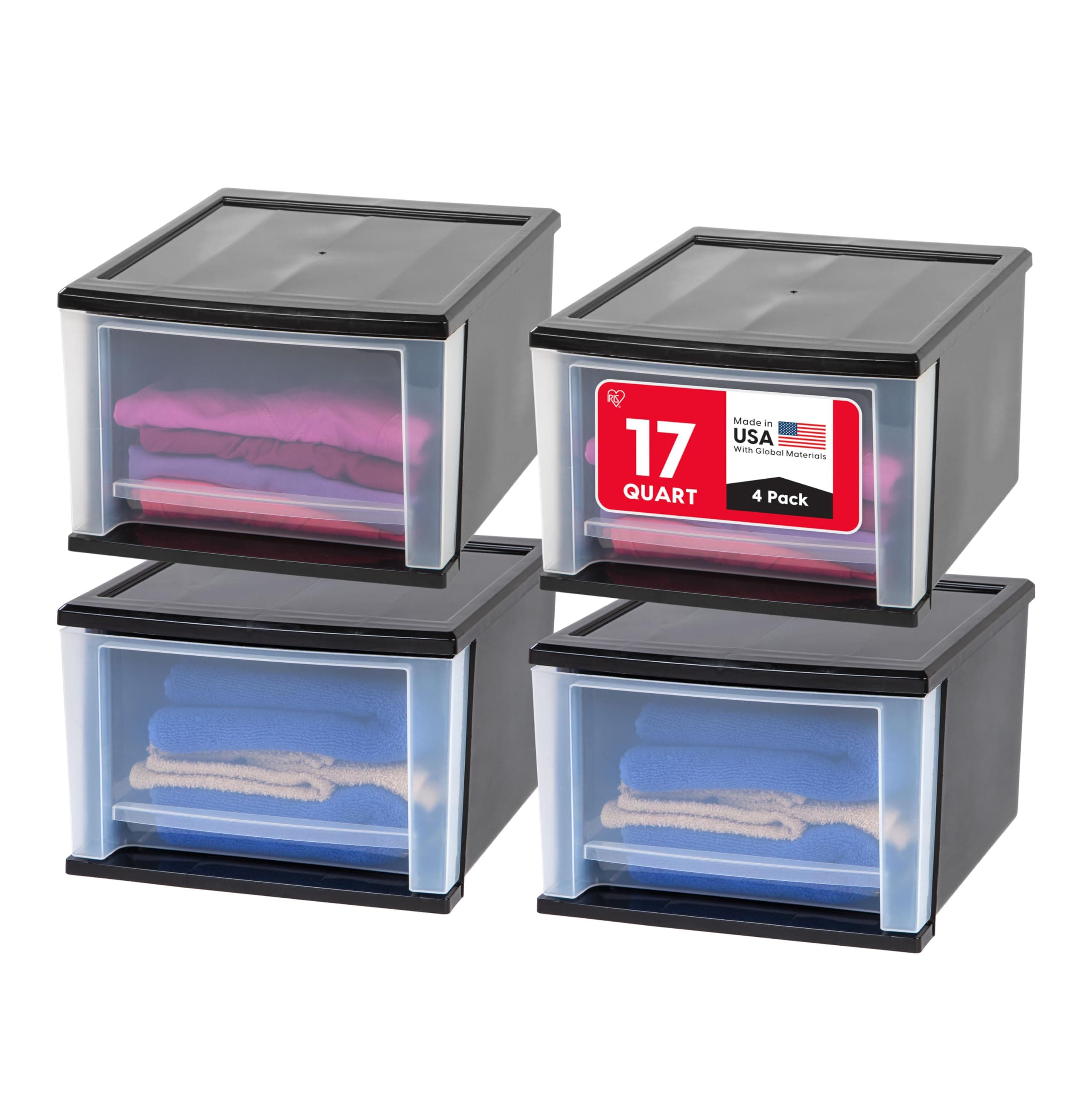 IRIS USA 17 Qt. Plastic Drawer Storage Organizer Stacking Drawers, 4-Pack, Stackable Unit with Sliding Drawer for Clothes Bedroom Kitchen Under Sink Pantry Craft Room Bathroom Dorm Office, Black