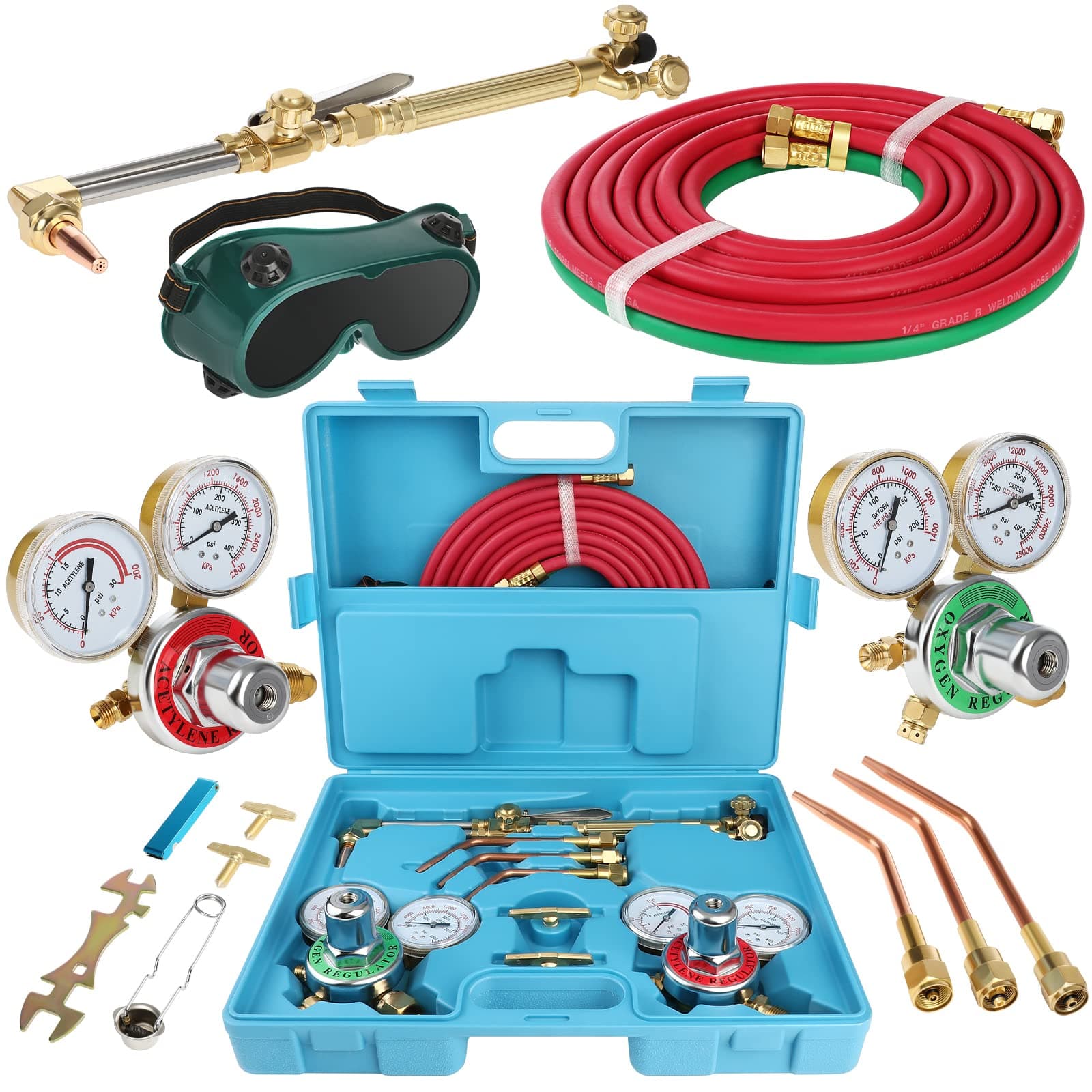 Cutting Welding Torch Kit, Oxygen Acetylene Torch Kit, Oxy Acetylene Torch Welder, Portable Oxy Brazing Kits, Professional Welder Tool Set with Two Hose, Regulator Gauges, Storage, Blue Case