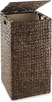 Casafield Laundry Hamper with Lid and Removable Liner Bag - Espresso Dark Brown, Woven Water Hyacinth Square Laundry Basket Sorter for Clothes, Towels