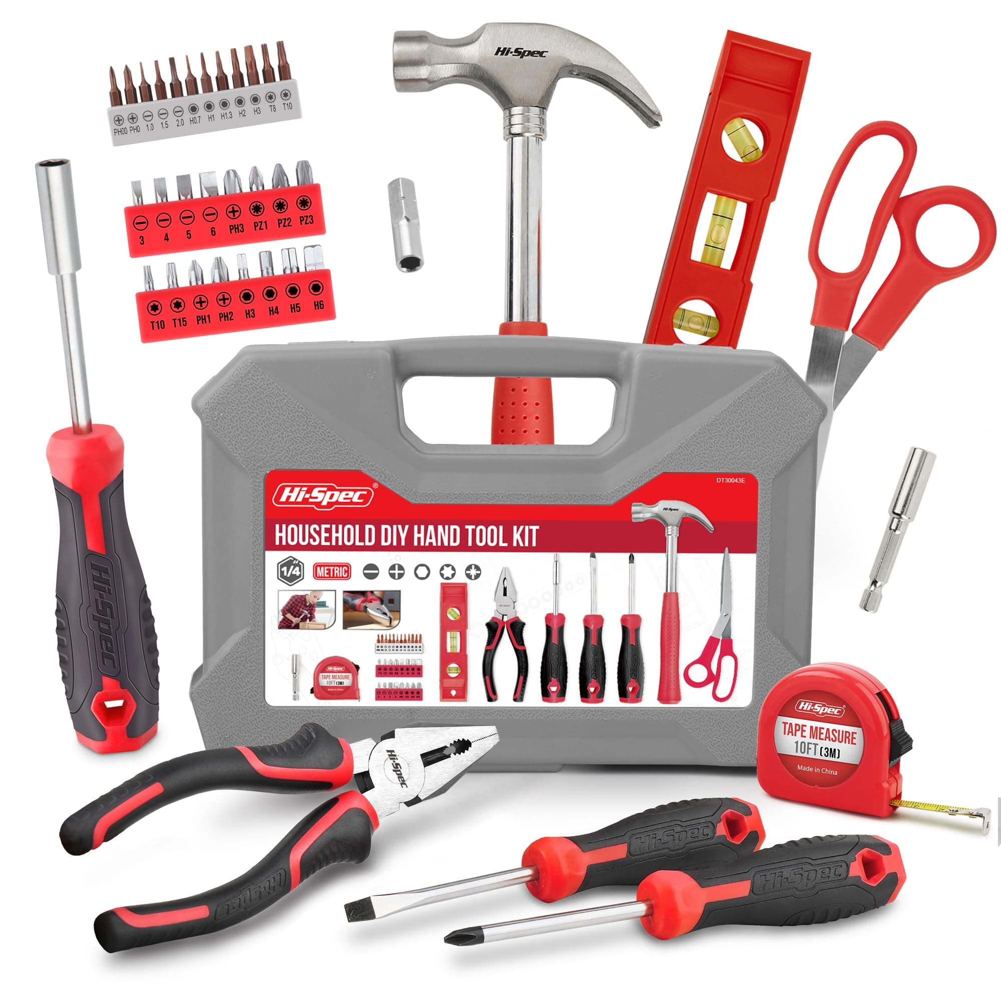 Hi-Spec 42pc Red Household DIY Tool Kit Set with Tool Box for Home and Office Repairs