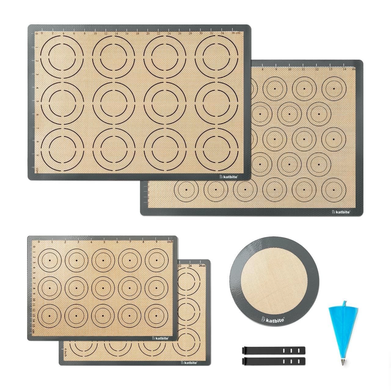 katbite Silicone Baking Mat, Large Baking Mat Set of 5-2 Half Sheets Mats (11 5/8" x 16 1/2") + 2 Quarter Sheets + 8" Round Mat, Reusable & Nonstick Bakeware Mats for Cookies, Macarons, Pizza, Pastry