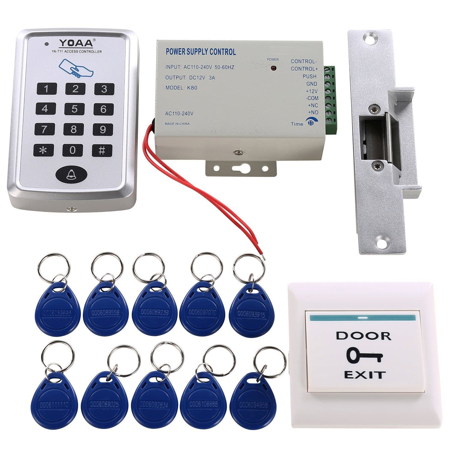 Access Control System Kit with Keypad Power Supply Strike Lock Exit Button Keyfobs for Single Door