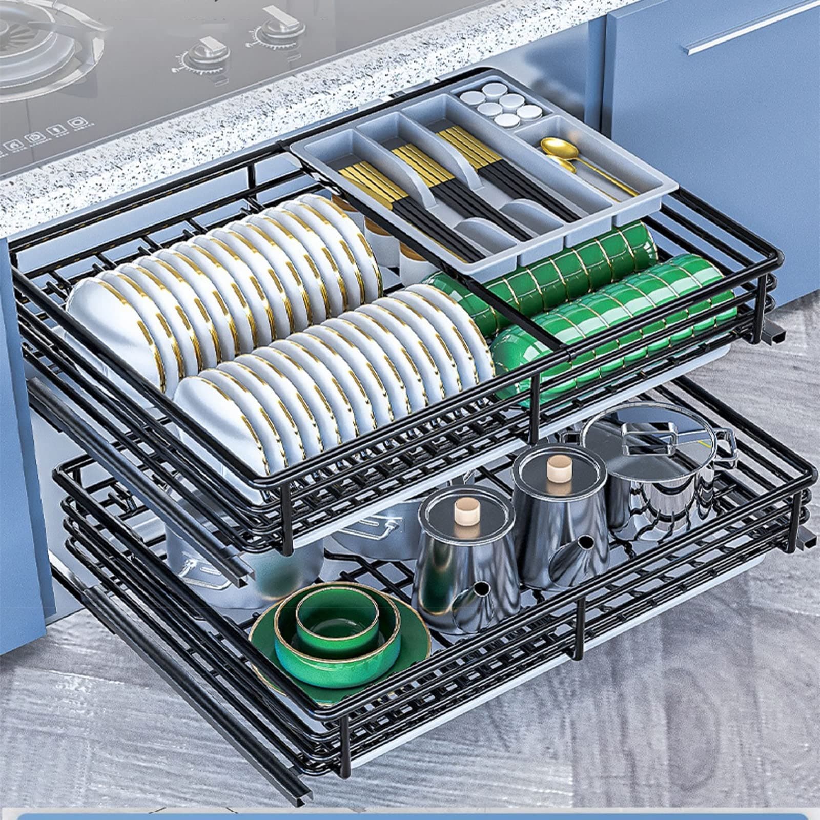 IMPREC Slide Pull Out Drawers, Double Tier Roll Out Wire Basket Drawers Kitchen Cabinet Slide Out Storage Pot And Pan For Kitchen (Color : Noir, Size : 800)