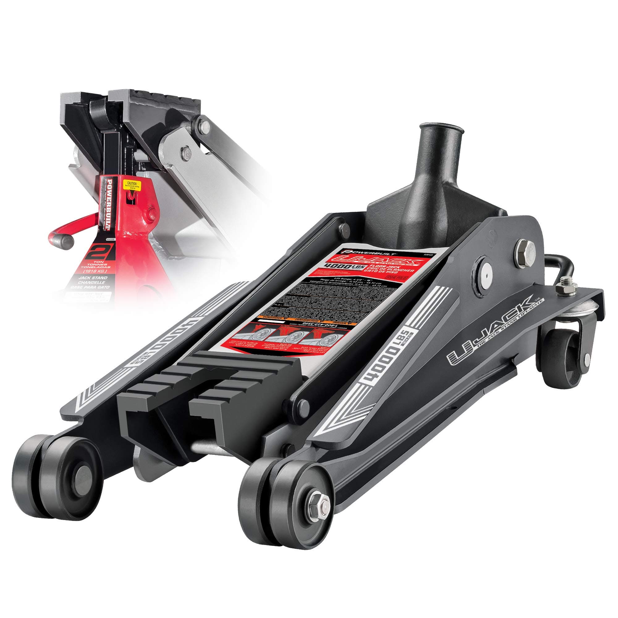 Powerbuilt 2 Ton U-Jack Garage Jack, 3000 LBS Loading Capacity, Lift Range: 4-1/2-Inch to 18-3/4-Inch, Unique Saddle for sliding jackstand into - 620516