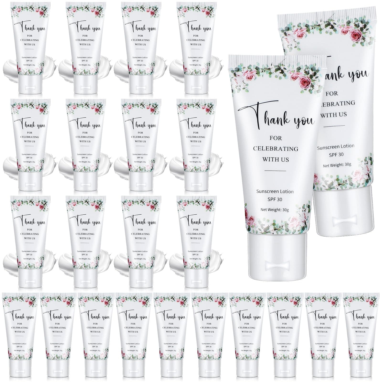 24 Pcs Mini Sunscreen Bulk for Summer Wedding Party Spf 30 Water Resistant Sunscreen Lotion Bulk 1oz Travel Size for Thank You Gifts Wedding Party Supplies(White Cream,Floral)
