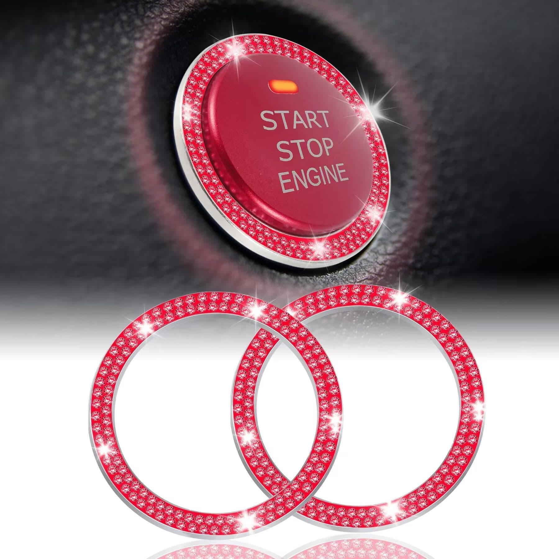 LivTee 2 PCS Crystal Double Rhinestone Car Engine Start Stop Decoration Ring, Bling Car Interior Accessories for Women, Push to Start Button Cover Sticker, Automotive Decals, Red