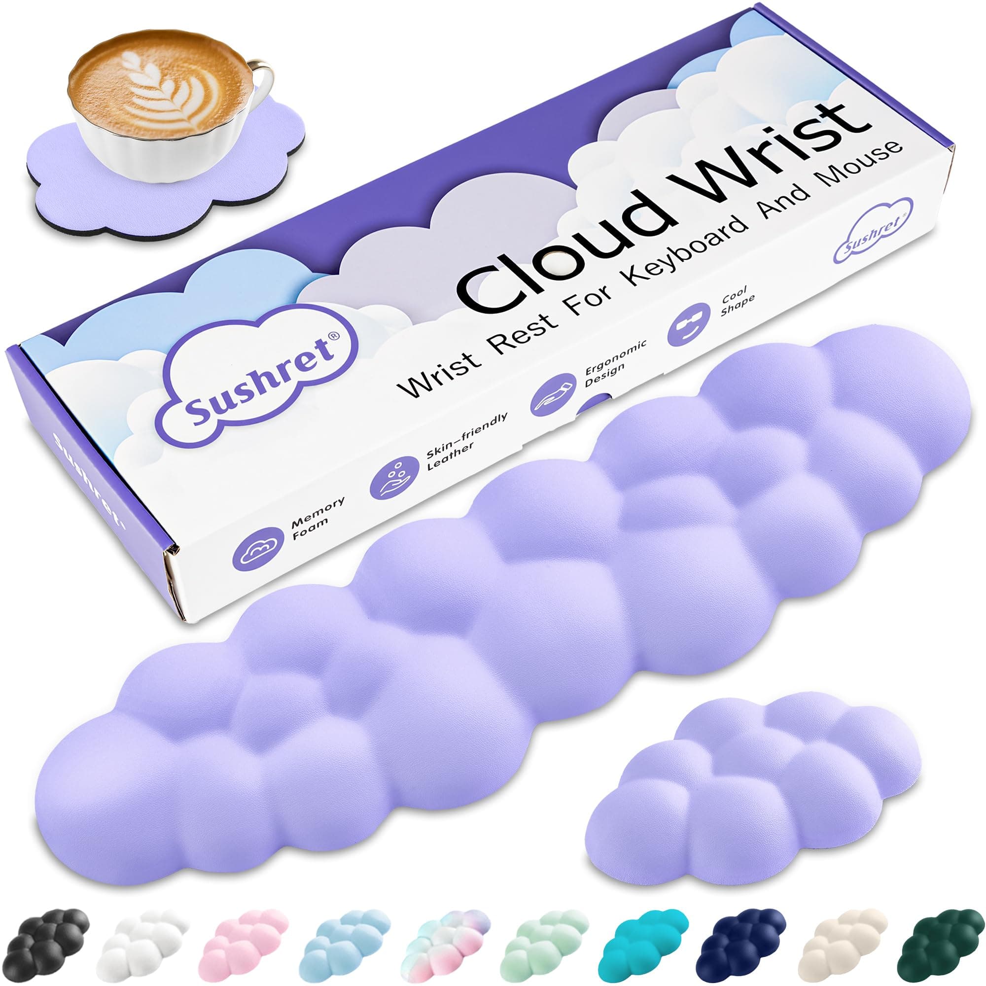 Cloud Wrist Rest Keyboard, Cloud Palm Rest Set with PU Leather Memory Foam, Cute Keyboard Rest for Wrist Support and Arm Rest, Desk Cloud Wrist Pad for PC/Gaming/Hand Cushion/Computer-Purple