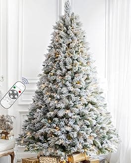 7FT Pre-lit Snow Flocked Christmas Tree Spruce with Remote Control, 450 Warm White Multi-Color Lights, Artificial Hinged/Feel Real/Realistic for Home, Holiday Decoration Dual Color LED