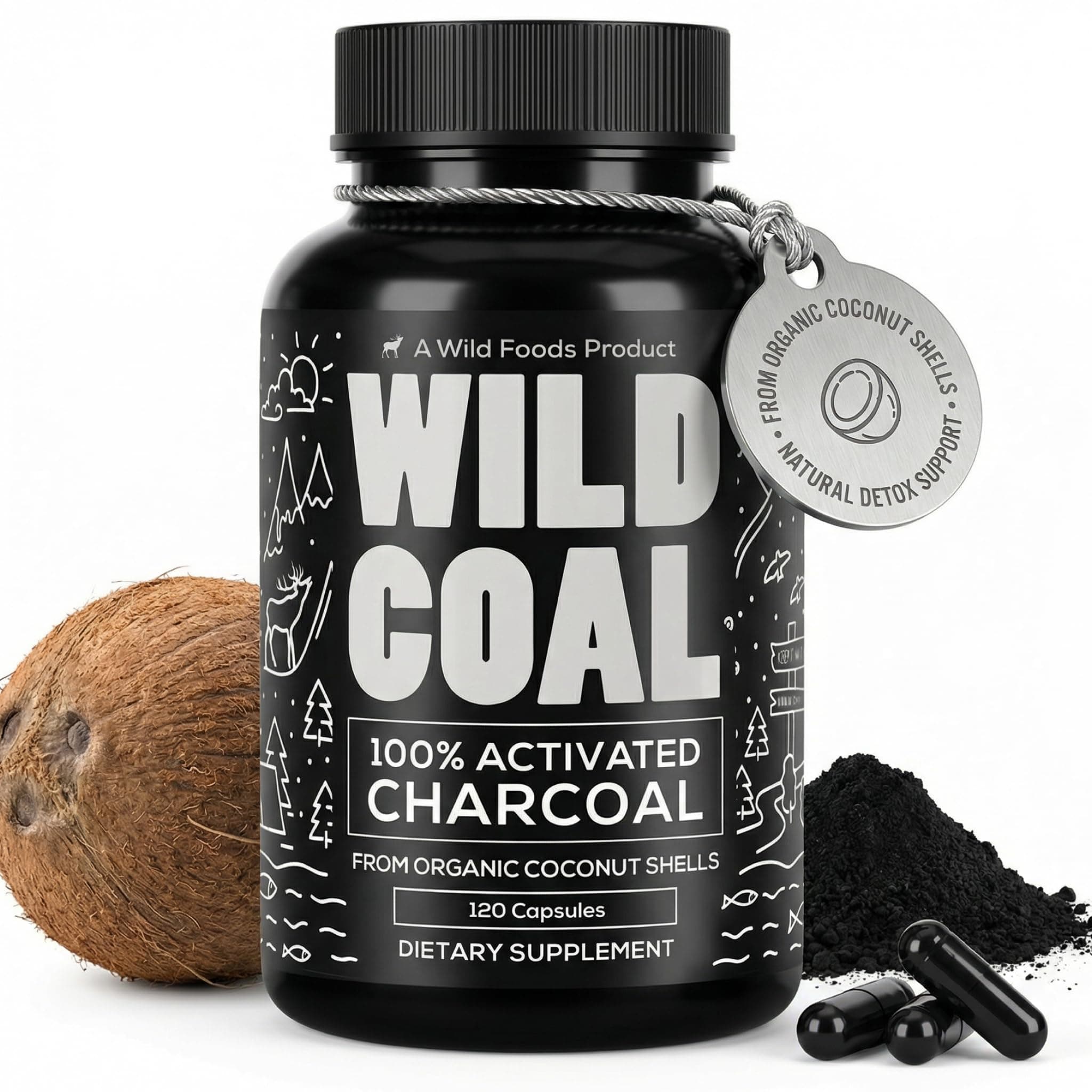 Wild Foods Activated Charcoal Capsules | 100% Organic Coconut Shells Active Tablets for Bloating & Hangover | Lab Tested & Non-GMO Detox Pills | Made in USA (120 Capsules)