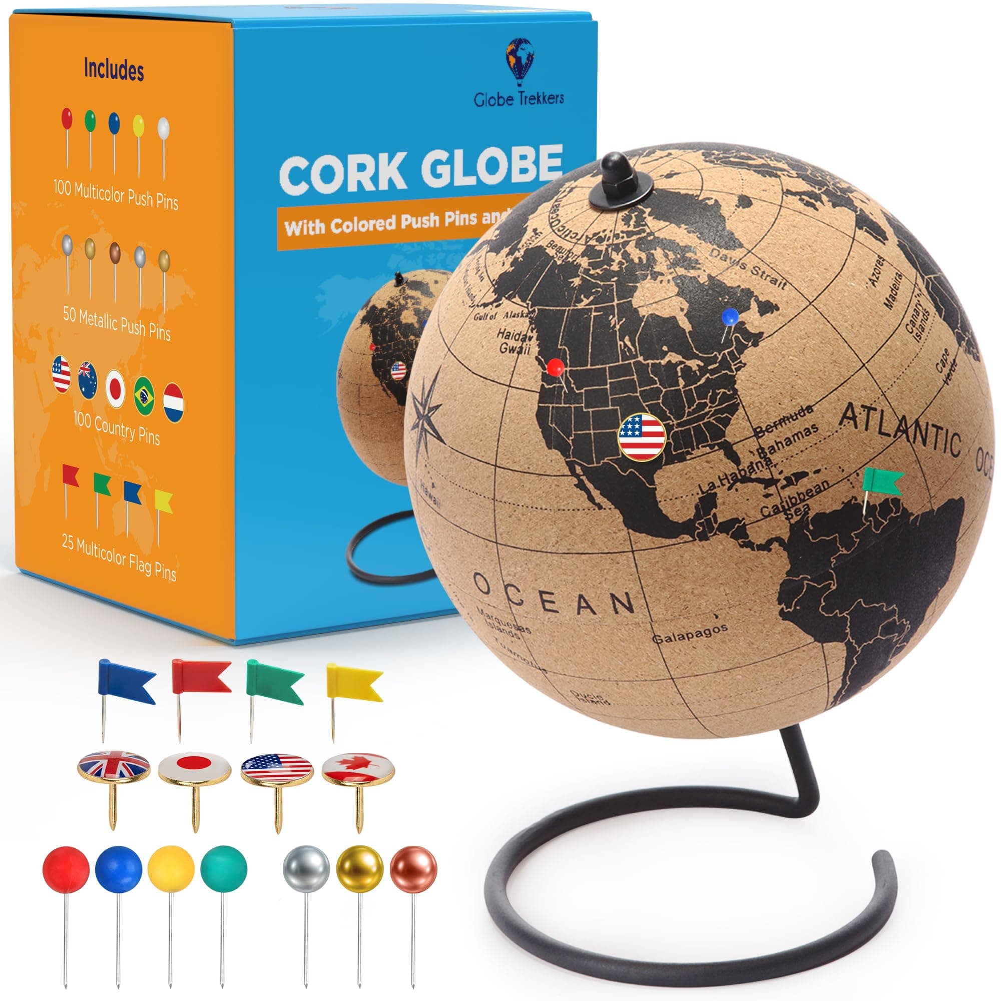 Cork Globe with Push Pins - 9.4” Globe with Map of the World and Rotating Stand for Adults, 100 Metallic and 100 Colored Push Pins - World Map for Home, Office, Travel
