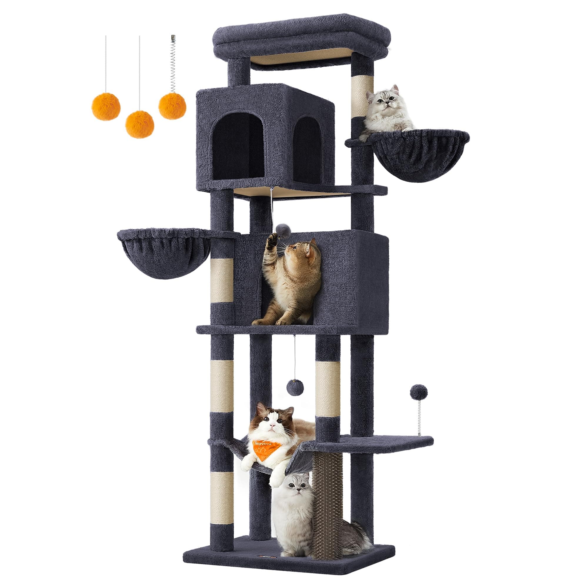 Large Cat Tree, 175 cm Tall Cat Tower, Multi-Level Cat Condo with 2 Caves, 2 Baskets, 5 Scratching Posts, Self-Groomer, Perch, Hammock, for Indoor Cats, Dark Grey PCT182G02