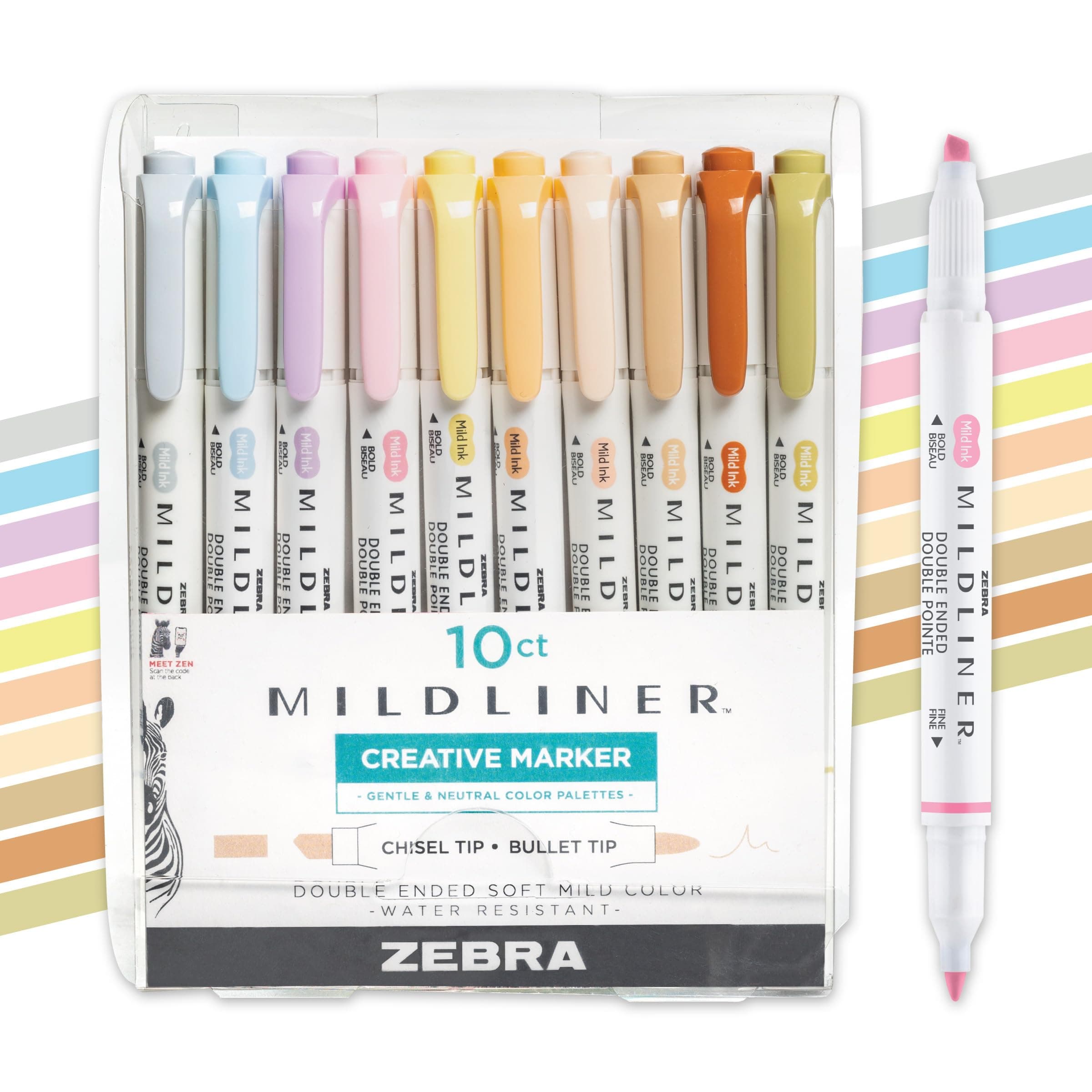 Zebra Pen Mildliner Double Ended Highlighter Set, Chisel and Bullet Point Tips, Assorted Neutral and Gentle Ink Colors, 10-Pack (78701)