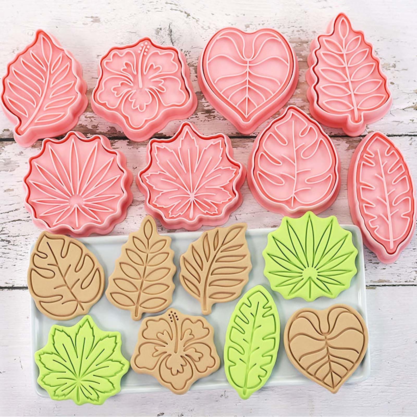8 Piece Leaf Cookie Cutter Set, Tropical Shapes for Baking, Eucalyptus, Monstera, Hibiscus, Sycamore, Fan Palm Leaf Biscuit Cutters Molds for Fall, Thanksgiving, Holiday & Party Treats (Tropic)