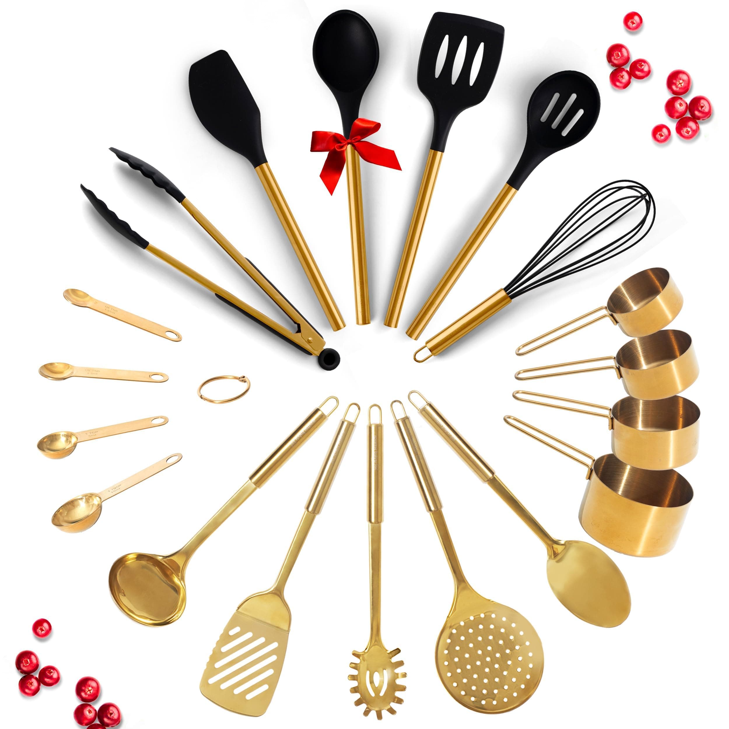 Black and Gold Kitchen Utensils Set - 19-PC Set Includes Stainless Steel and Silicone Cooking Utensils, Measuring Cups and Spoons - Black and Gold Kitchen Accessories for Stylish Cooking & Serving