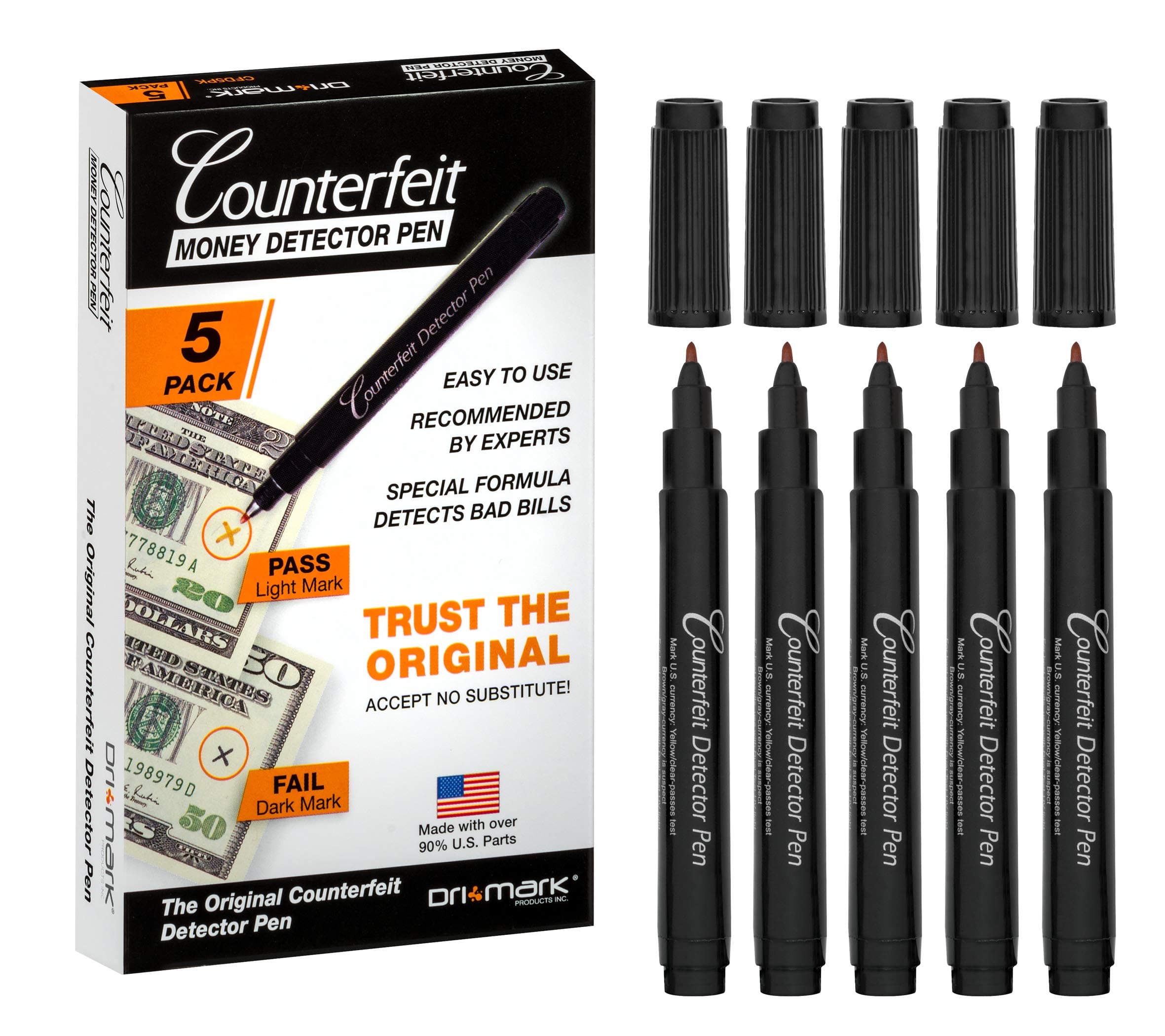 Dri Mark 5 Pack Counterfeit Bill Detector Marker Pen, Made in The USA, 3 Times More Ink, Pocket Size, Fake Money Checker - Money Loss Prevention Tester & Fraud Protection for U.S. Currency (Pack of 5)