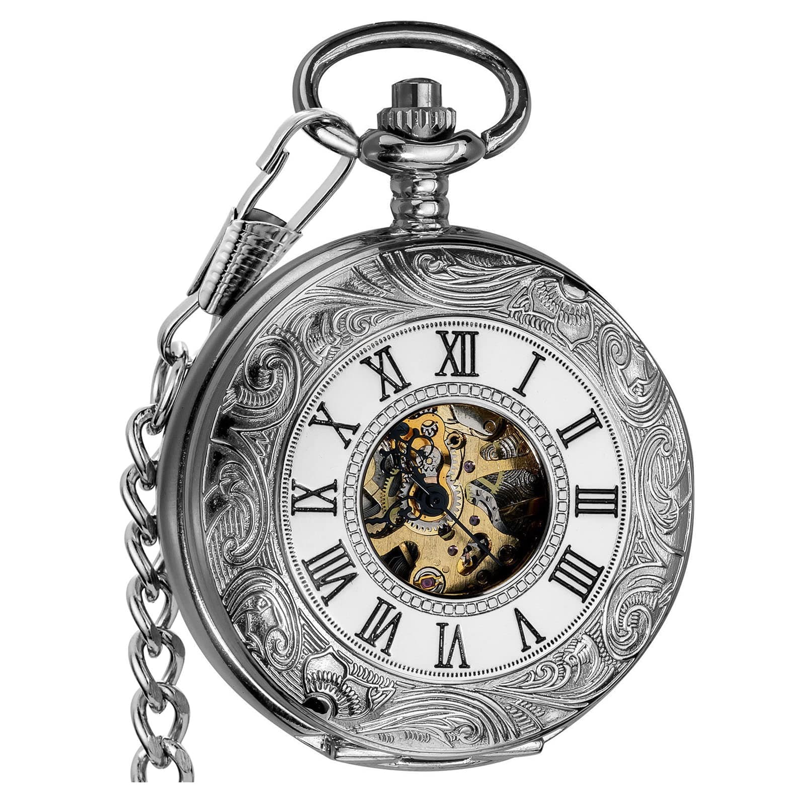 Vintage Hand Wind Up Pocket Watches for Men, Mechanical Pocket Watch with Chain, Mens Skeleton Pocketwatch