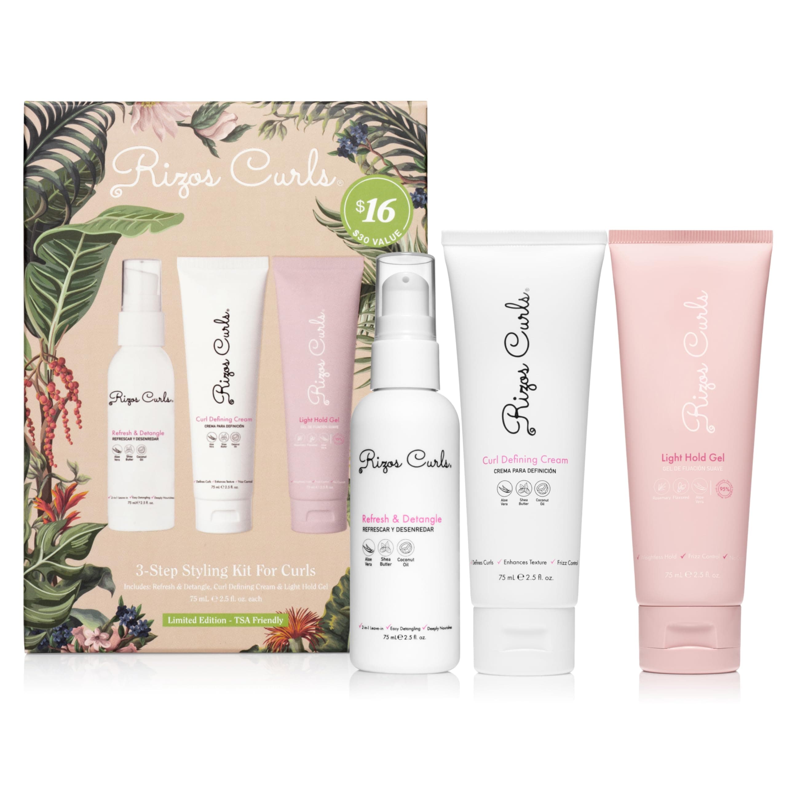 Rizos Curls 3-Step Styling Kit - Define, Style, Hold with Curl Defining Cream, Light Hold Gel & Refresh Spray – Enhances Shine, Moisture & Frizz Control for All Curl Types 2c–4c – Sulfate Paraben Free
