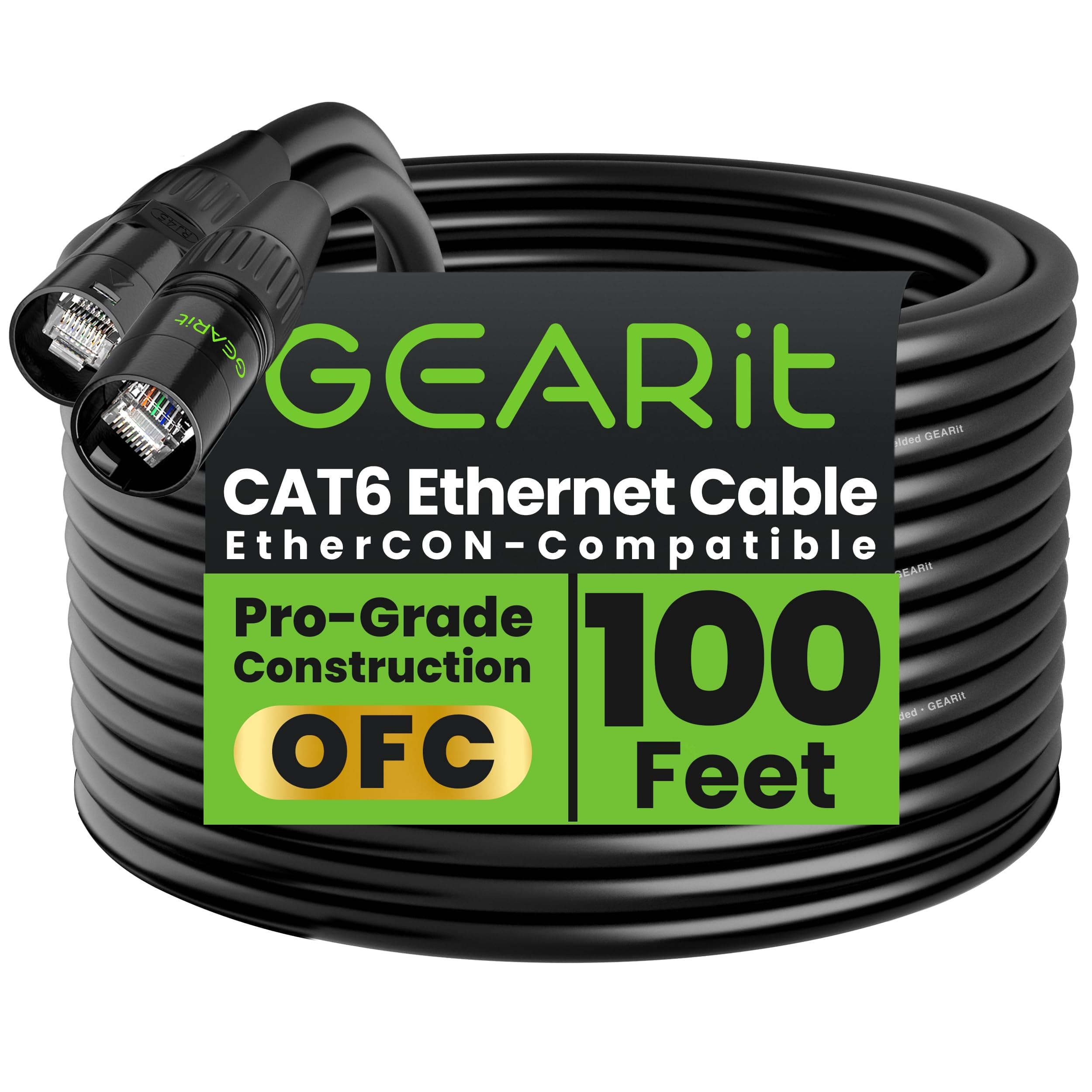 - GEARit Shielded CAT6 Ethercon Cable (100 Feet) Professional Audio & Lighting RJ45 EtherCON-Compatible Cable for Studio, Stage, Concerts - 100ft Black