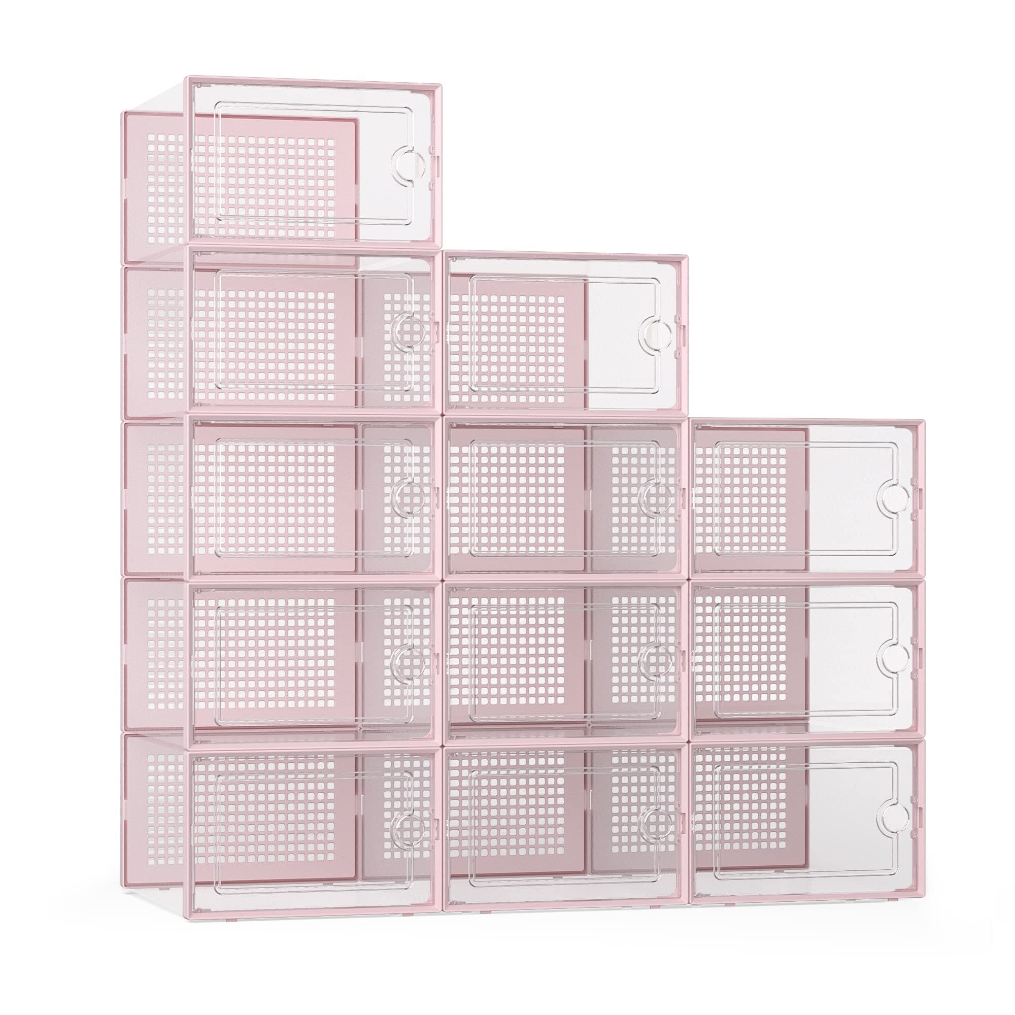 Kuject X-Large Shoe Storage Boxes Organizers Clear Plastic Stackable 12 Pack, Shoe Rack & Holder Substitute, Sneaker Containers, Toy Storage Organizer Bins for Entryway, Closet, Under Bed, Pink