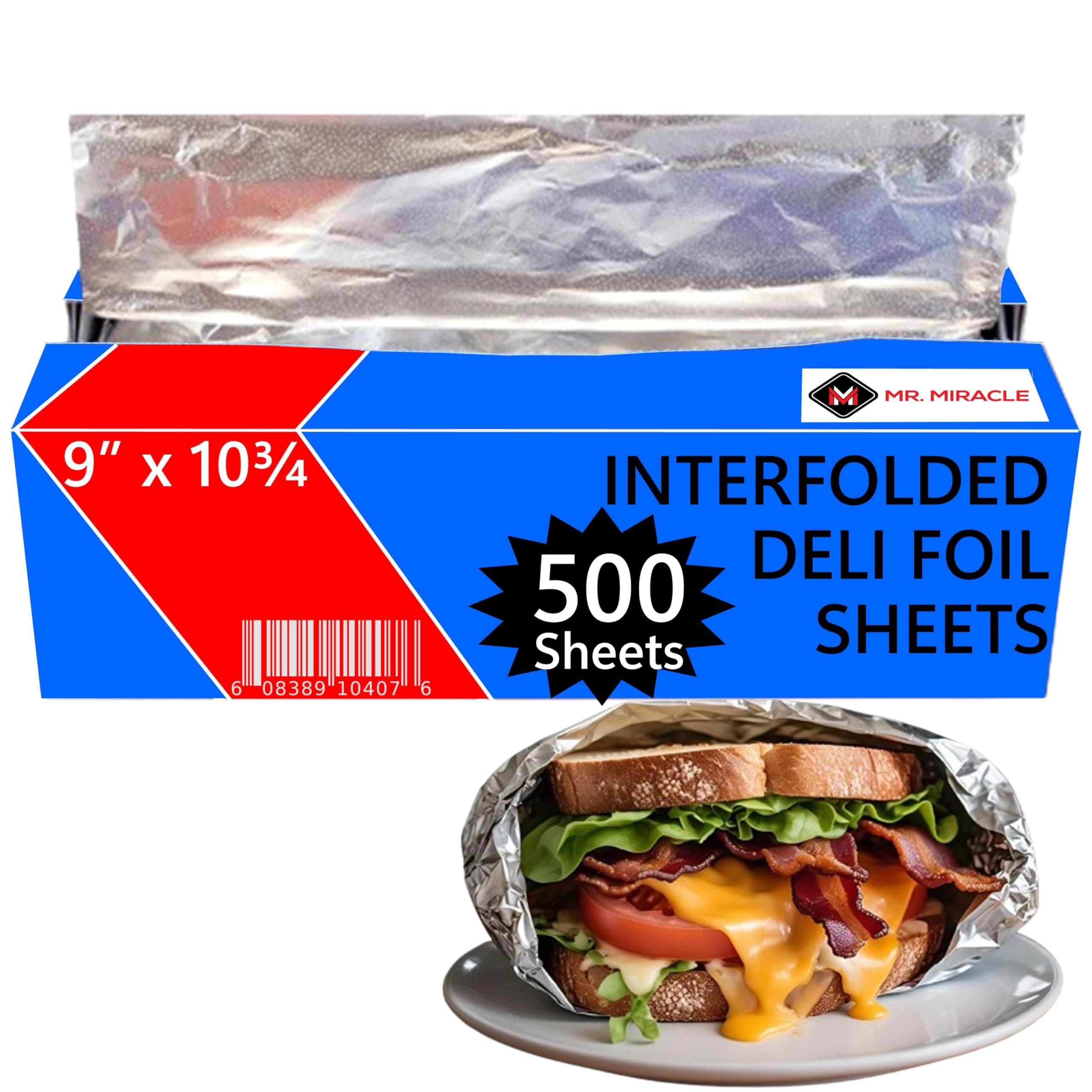 Box of 500 - Pre-Cut 9" Aluminum Foil Sheets - 9x10" Wide & Heat-Tolerant Deli Foil Sheets, 100% Aluminum, Ideal for Food Wrapping, Grilling & Freezing, Convenient Dispenser