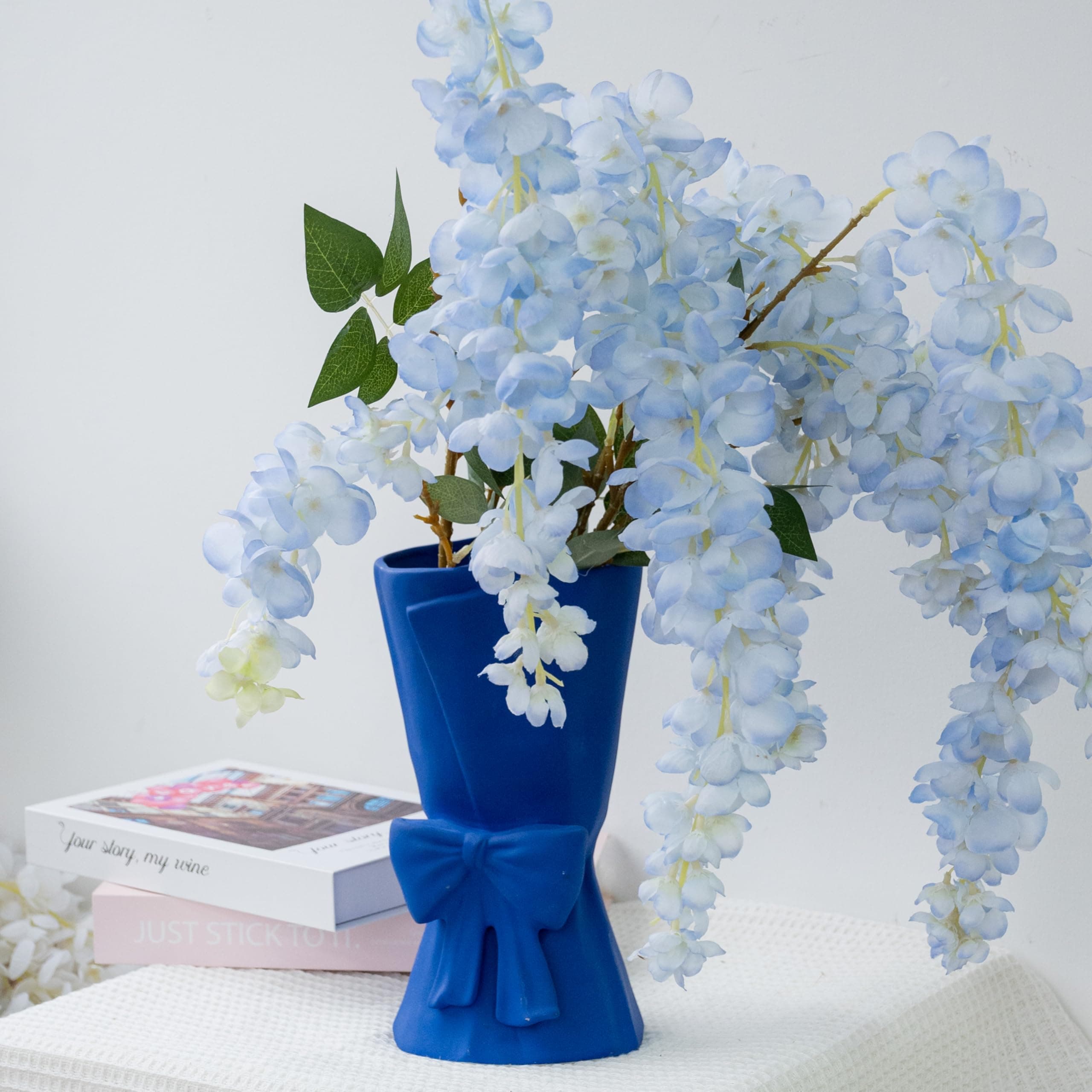 Blue Ceramic Bow Vase 9.64 in Unique Cute Modern Decorative Bouquet Flower Vases for Home Living Room Table Decor Women Girl Gifts