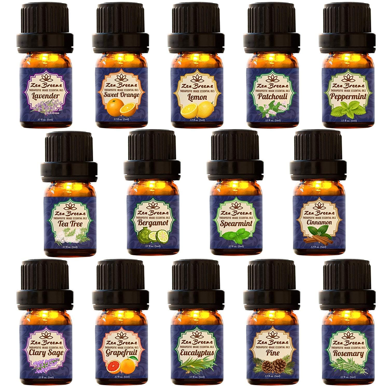 Essential Oils for Oil Diffuser - Top 14 Aromatherapy Essential Oils - 100% Pure Therapeutic Grade - Lavender, Eucalyptus, Lemon, Peppermint, Sweet Orange, Tea Tree, Bergamot, +8 More, by Zen Breeze